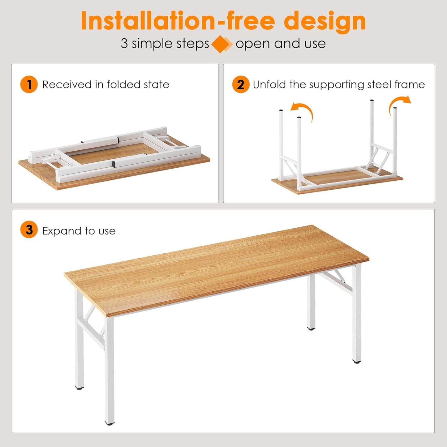 Need Folding Desk, 54 inch Large Computer Desk for Home Office, No Install Needed Study Student Writing Table Desk Workstation, Teak White