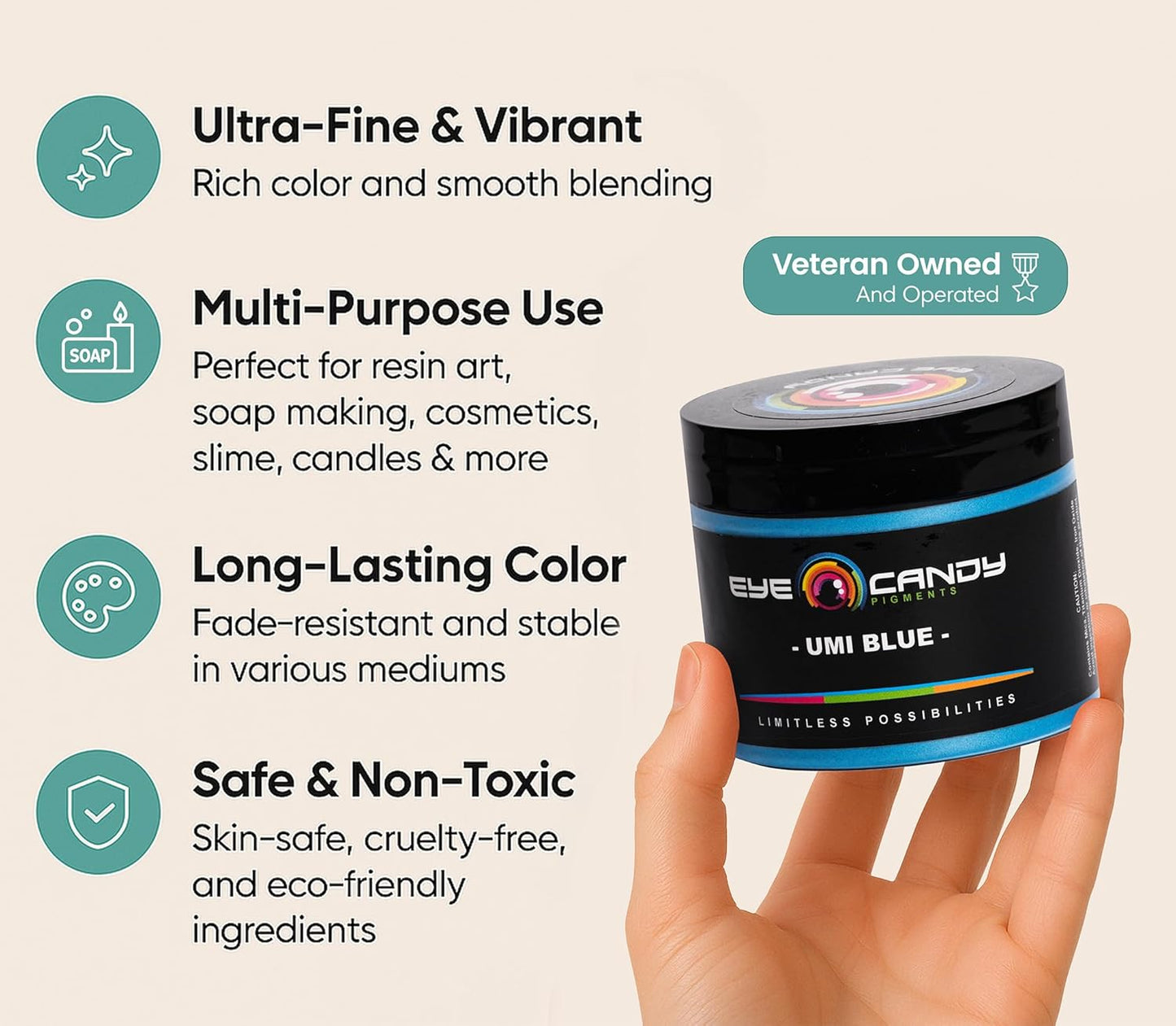 Eye Candy Pigments Premium Blue Mica Powder - Umi Blue (50gr) - for Epoxy, Resin, Soap, Paint, Woodworking, Acrylic Pouring, Bath Bombs, Fishing Lures - DIY Arts and Crafts Additive