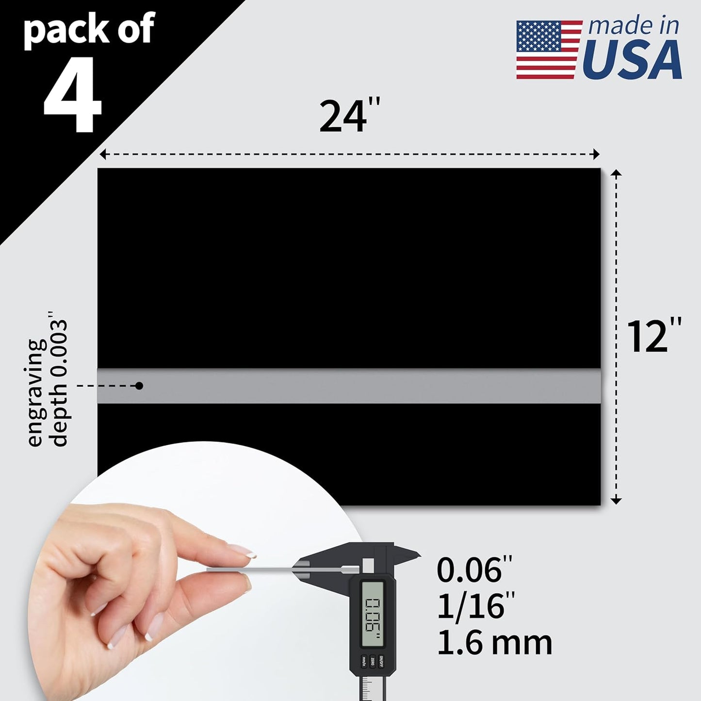 Trotec TroLase | 12"x24"x1/16", 4 Pcs | Black/Silver | 2 Ply | Modified Acrylic | Laser Engraving Double Color Plastic Sheet | Engraving Blanks for Laser, Saw, Guillotine | Made in USA