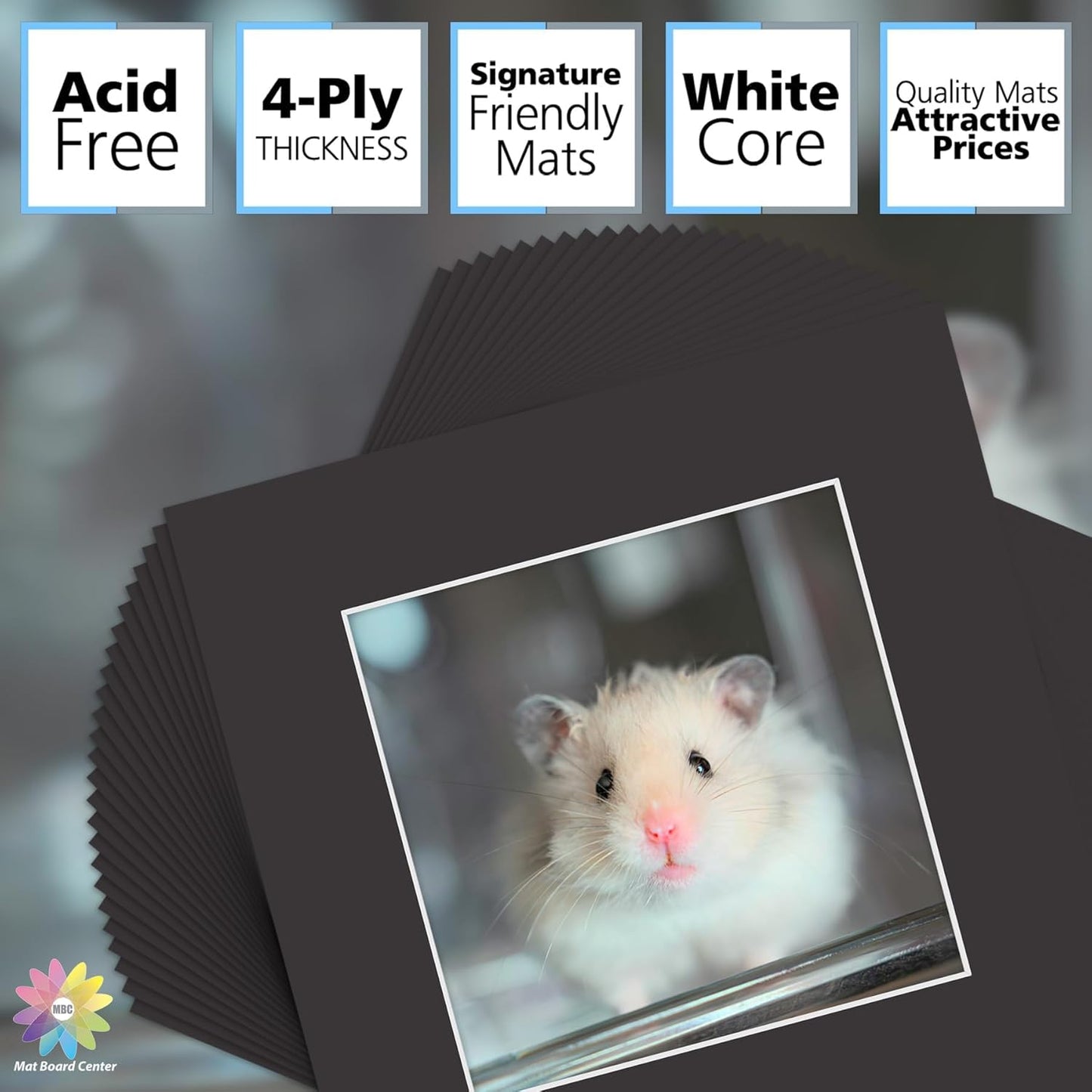 Mat Board Center, Pack of 25, 12x12 for 8x8 Black Mats - Acid Free, 4-ply Thickness, White Core - for Pictures, Photos, Framing