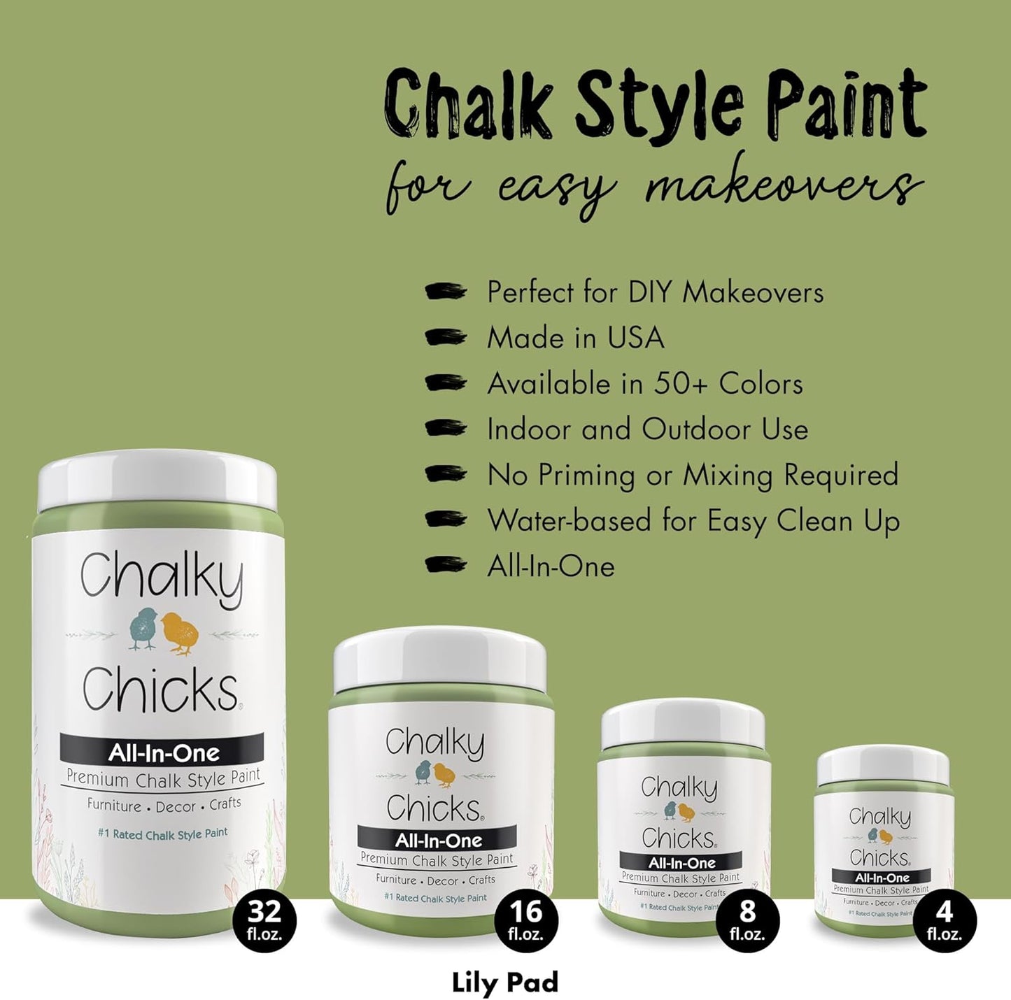 Chalky Chicks All-in-One Chalk Paint for Furniture or Cabinet - 4 Fl Oz - Matte Finish Lily Pad (Green) for Metal, Wood Furniture Paint - No Sanding All-in-One for Home Decor & Crafts, USA Made