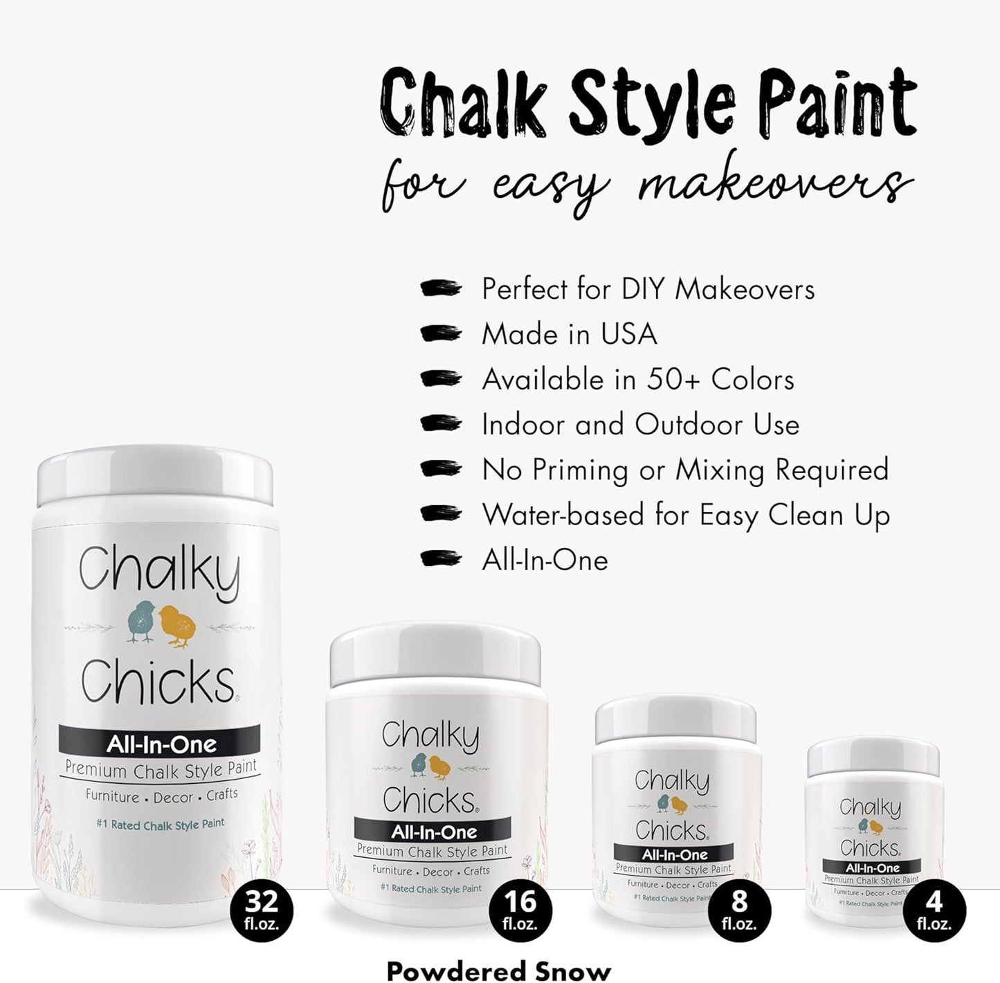 Chalky Chicks All-in-One Chalk Paint for Furniture or Cabinet -4Fl Oz- Matte Finish Powdered Snow (Pure White) for Metal, Wood Furniture Paint - No Sanding All-in-One for Home Decor & Crafts, USA Made