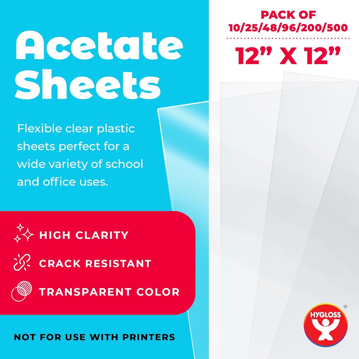 Hygloss 12" x 12" Acetate Paper - 7 Mil Clear Acetate Sheets for Crafts Projects, Cricut Stencil Sheets, Classroom Stencil Sheets, Reusable Transparent Clear Plastic Sheet (Not for Printers) 25 Pack