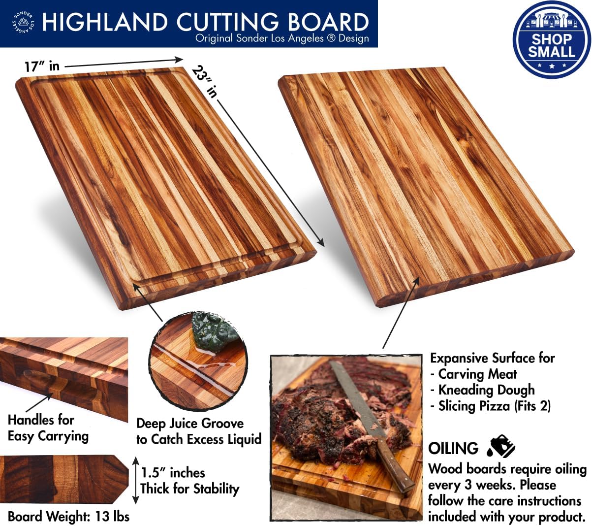 Sonder Los Angeles, XXL Thick Edge Grain Teak Wood Cutting Board for Kitchen with Juice Groove, 23x17x1.5 Charcuterie Wooden Board in Large (Gift Box Included)