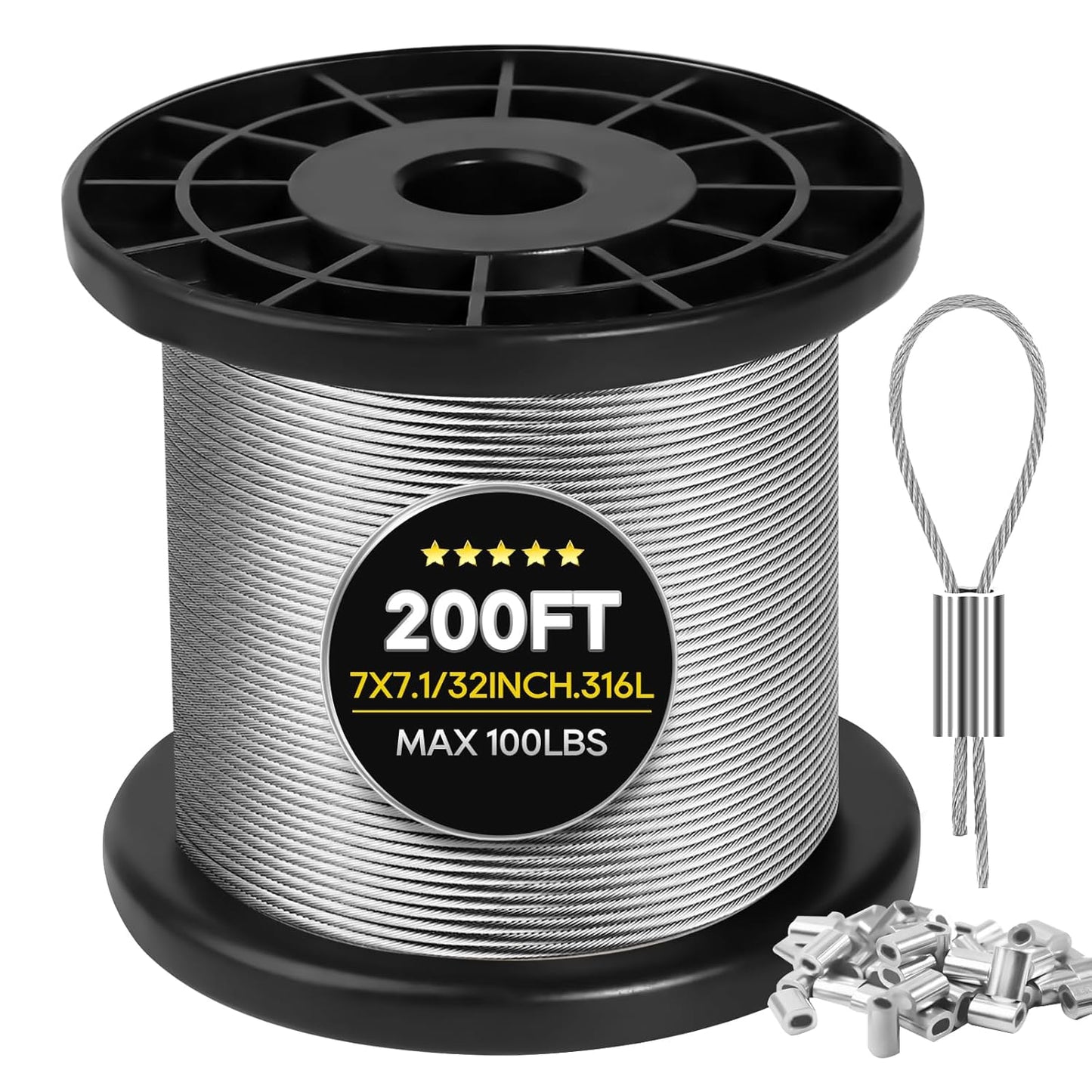 316 Stainless Steel Cable, 200FT 1/32IN Wire Rope 7 * 7 Strand with 50Pcs Aluminum Sleeves Stops, Guide Wire for Outdoor String Lights for String Lights Hanging, Clotheslines, Trellis (200FT)