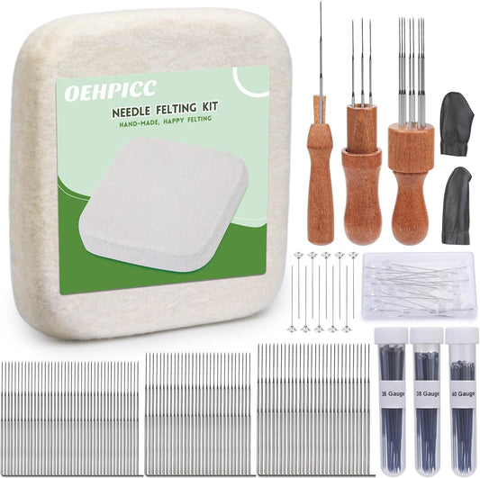 OEHPICC 128 Pcs Needle Felting Tools, 6×6 Inch Wool Felting Pad, 102 Pcs Felting Needles, Felting Tools with 3 Size Wooden Handle Holder for DIY Wool Felting Projects