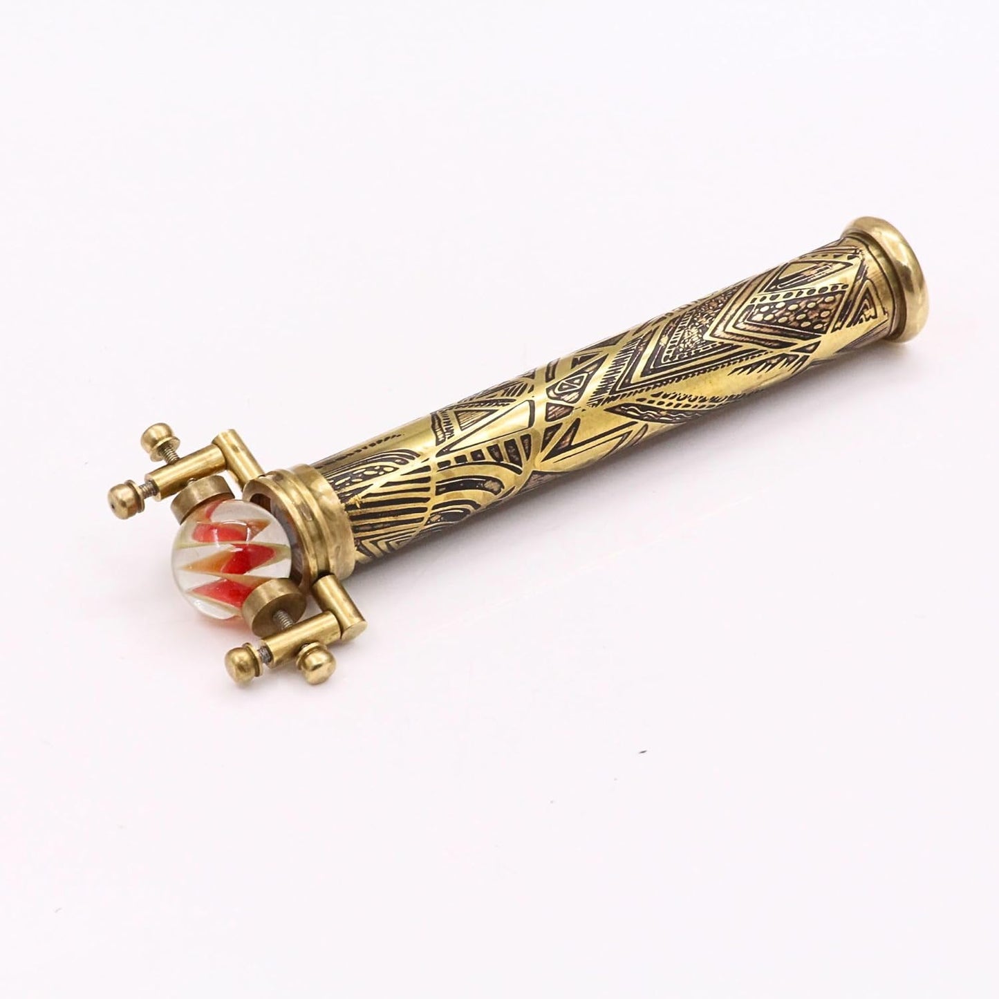 RII Brass Kaleidoscope | Vintage Antique Etched Brass Design | Interchangeable Marble Scope | Includes Wooden Display Stand | 8x3x3 Inches | Perfect for Collectors, Home Decor & Nautical Gift