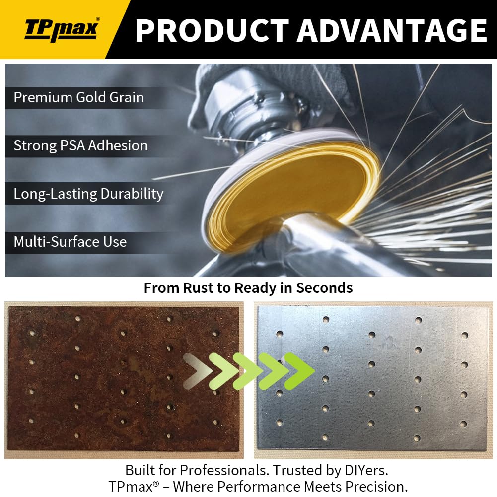 6-Inch 240-Grit Gold PSA Sanding Discs, 50 Pack – Pro-Grade Self-Adhesive Stickyback Sandpaper with Quick-Release Tabs for DA Sander, Very Fine Automotive/Wood/Metal Sanding