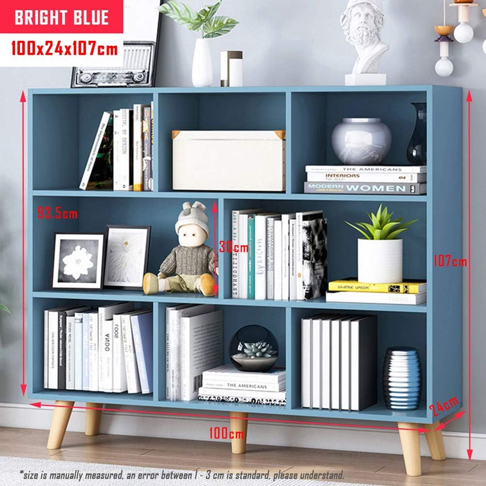 IOTXY Wooden Open Shelf Bookcase - 3-Tier Floorstanding Display Cabinet Rack with Legs, 8 Cubes Free Standing Bookshelf, Bright Blue