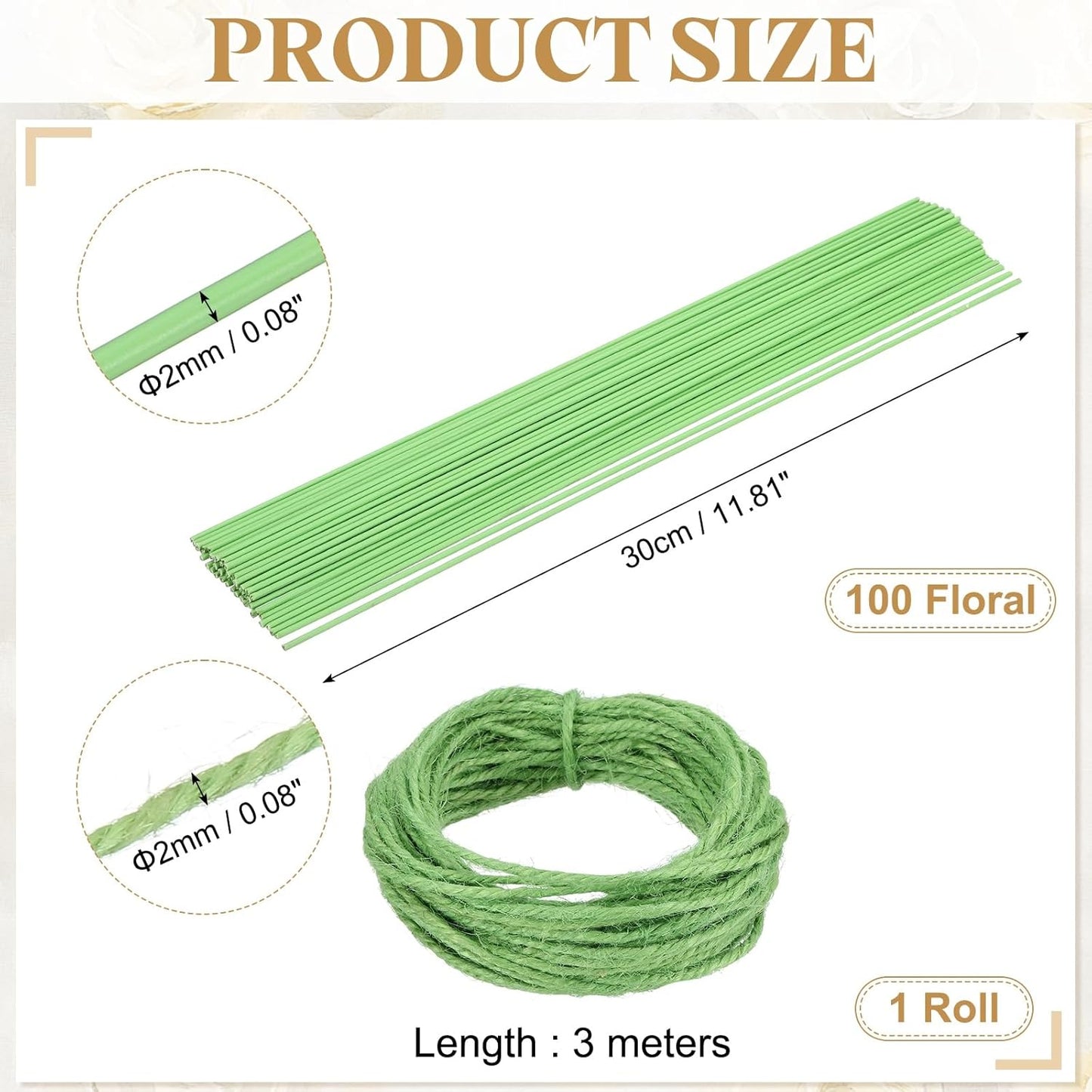 uxcell 100Pcs 2 Gauge Floral Wire, 11.81" Length Flower Stem Wires with 0.08" x 32.8ft Twine for Wreath Making, Flower Arrangement, Light Green