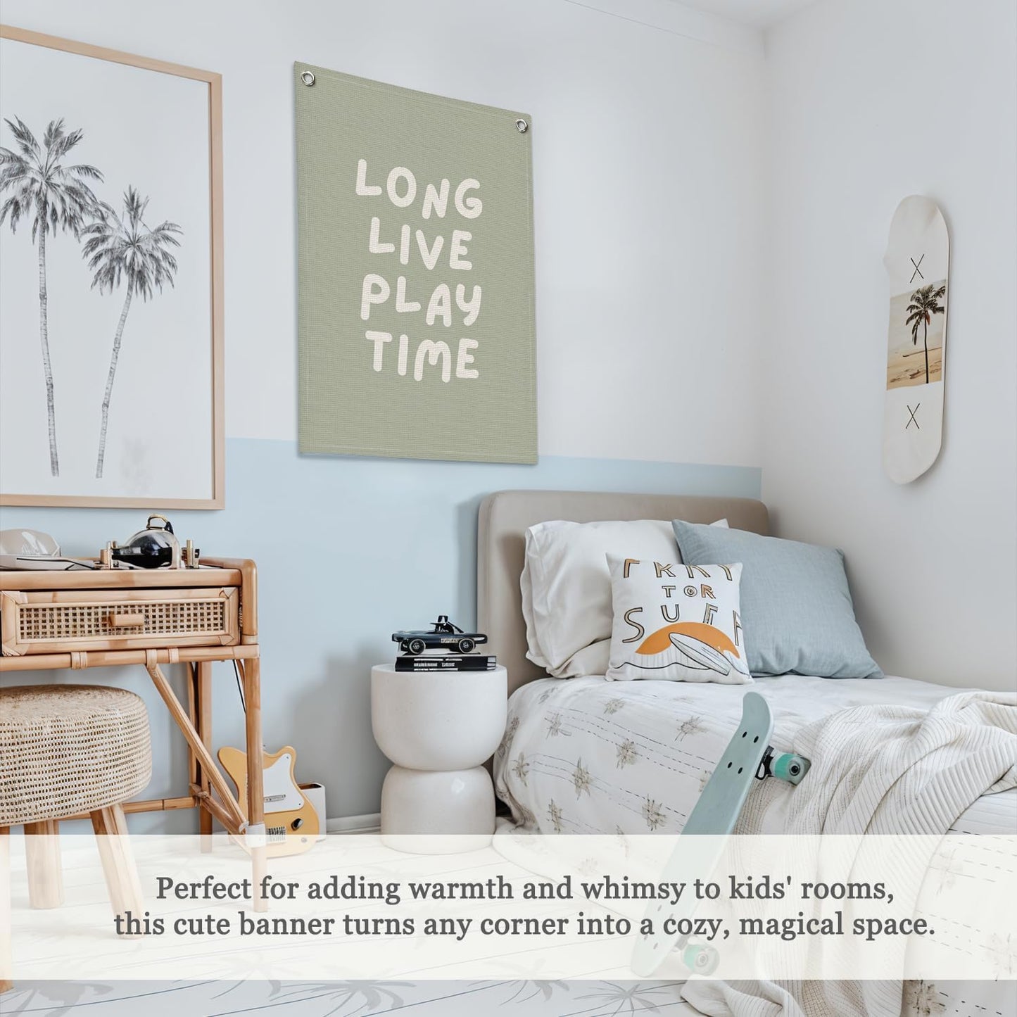 Playroom Decor,Long Live Playtime Wall Hanging Linen Banner,Sage Green Striped Wall Flag for Kids Room Nursery Playroom Decor,18x25 Inch