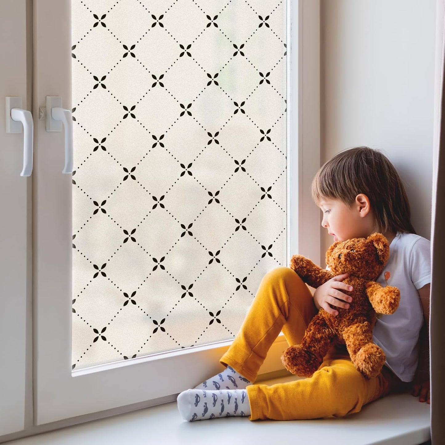 DKTIE Geometric Art Stained Glass Window Film Bathroom Window Privacy Film Frosted Glass Static Clings Non Adhesive with Installation Tools, Modern Home Improvement Style (S119, 35.4'' x 118.1'')