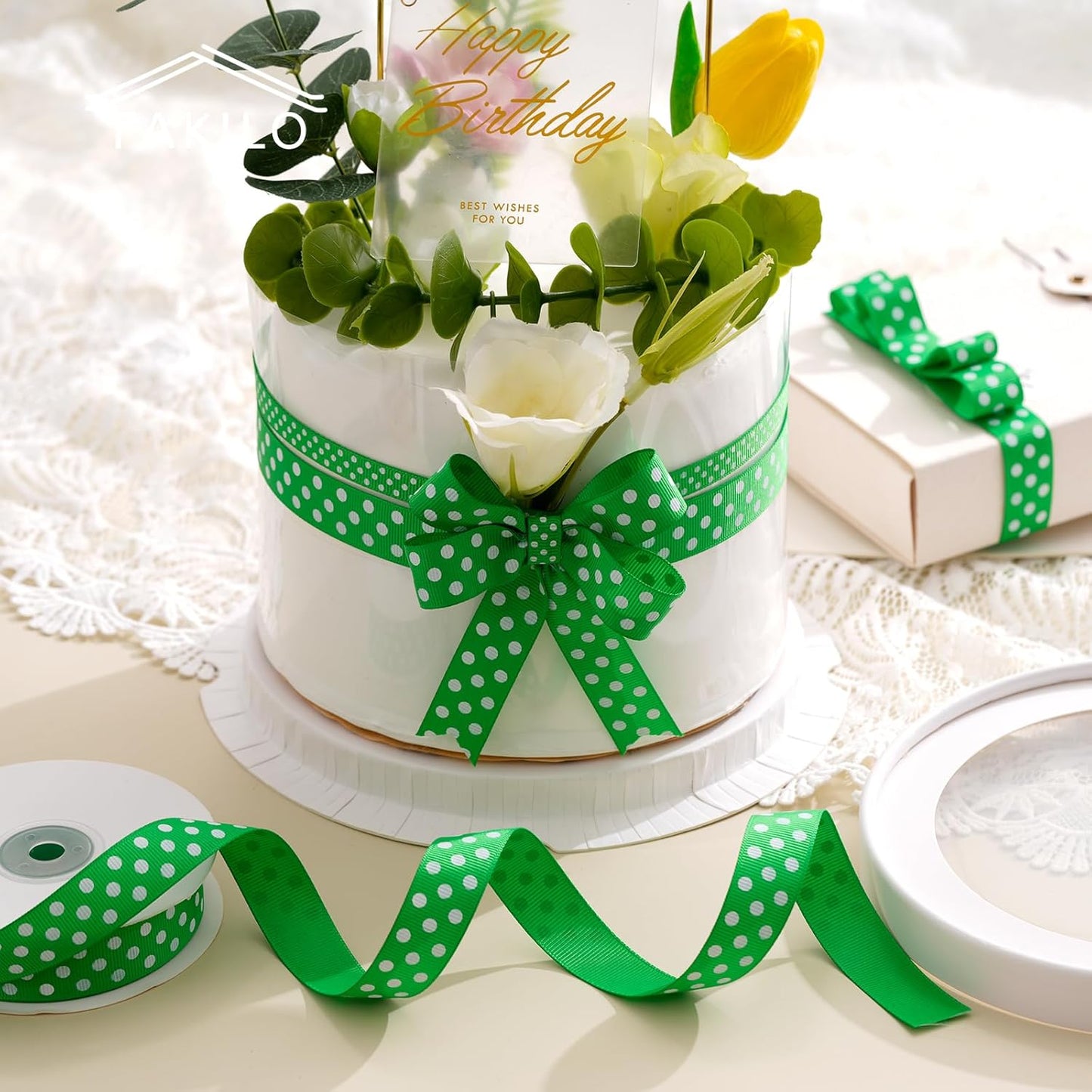 Polka Dot Grosgrain Ribbon 5/8 Inch, 25 Yards Spool Green and White Polka Dot Ribbon for Christmas Gift Wrapping DIY Crafts Hair Bows Wedding Party Decor Sewing and Home Decoration