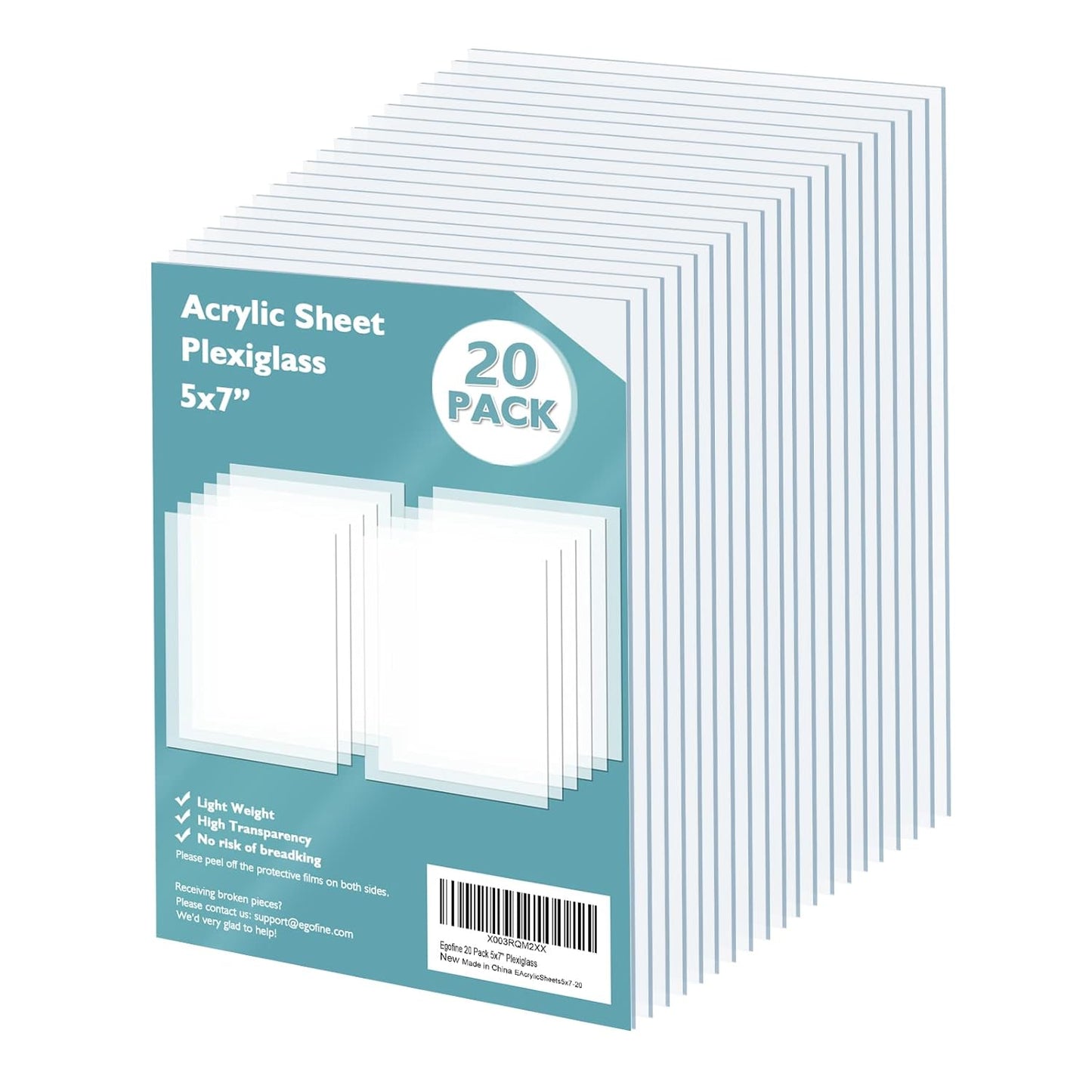 Egofine Plexiglass Sheets Acrylic Sheets 20 Pack of 5x7’’ 0.04 Thick Clear Plastic Cast Transparent Plexi Glass for Crafting Projects, Replacement Picture Frame Glass, DIY Display, Easy to Cut