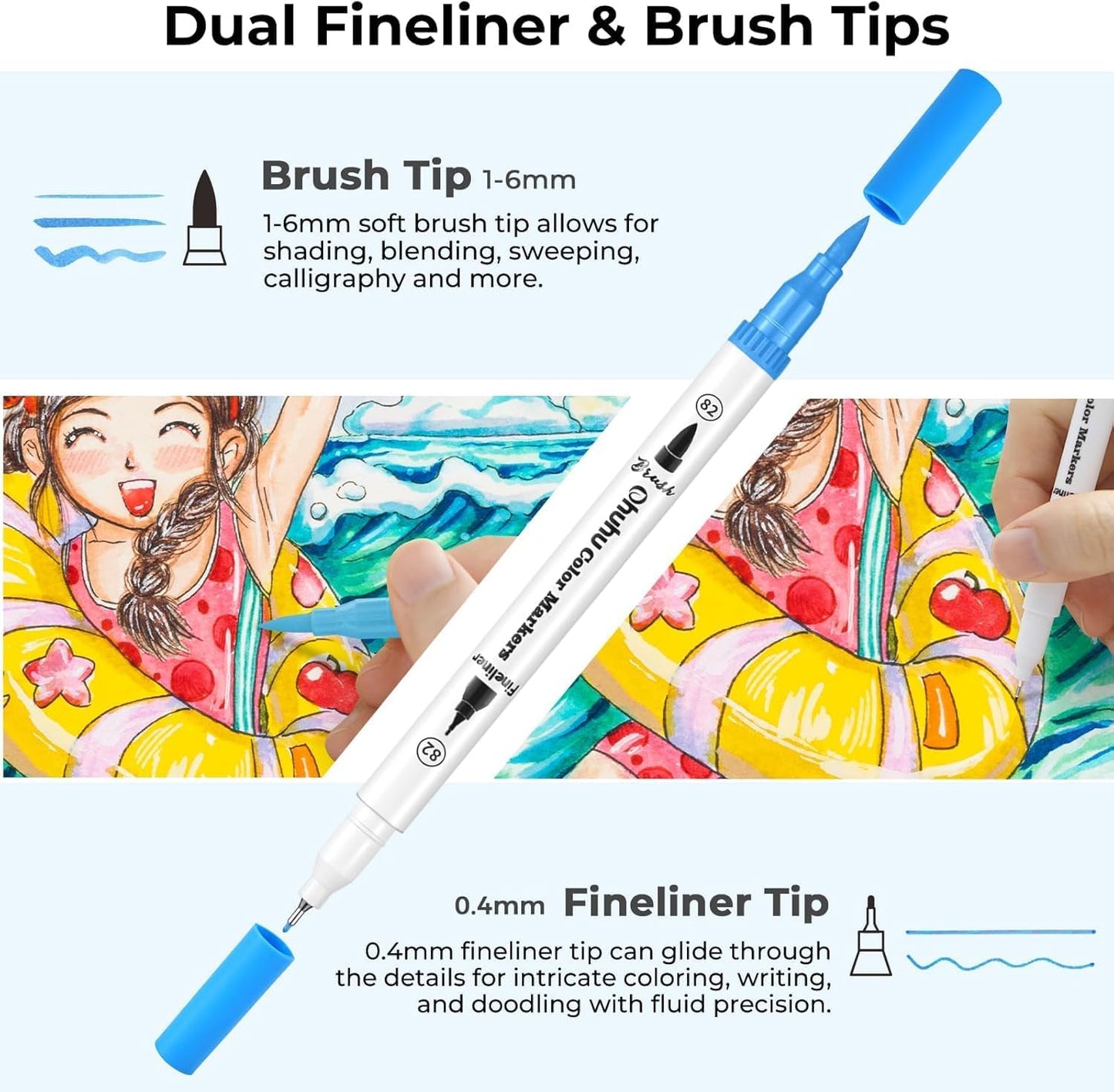 Ohuhu Markers for Adult Coloring Books No Bleeding 160 Colors Water-based Dual Tips Fineliner & Brush Coloring Markers for Kids Adults Beginners Drawing Pens for Journaling Lettering - Maui - White