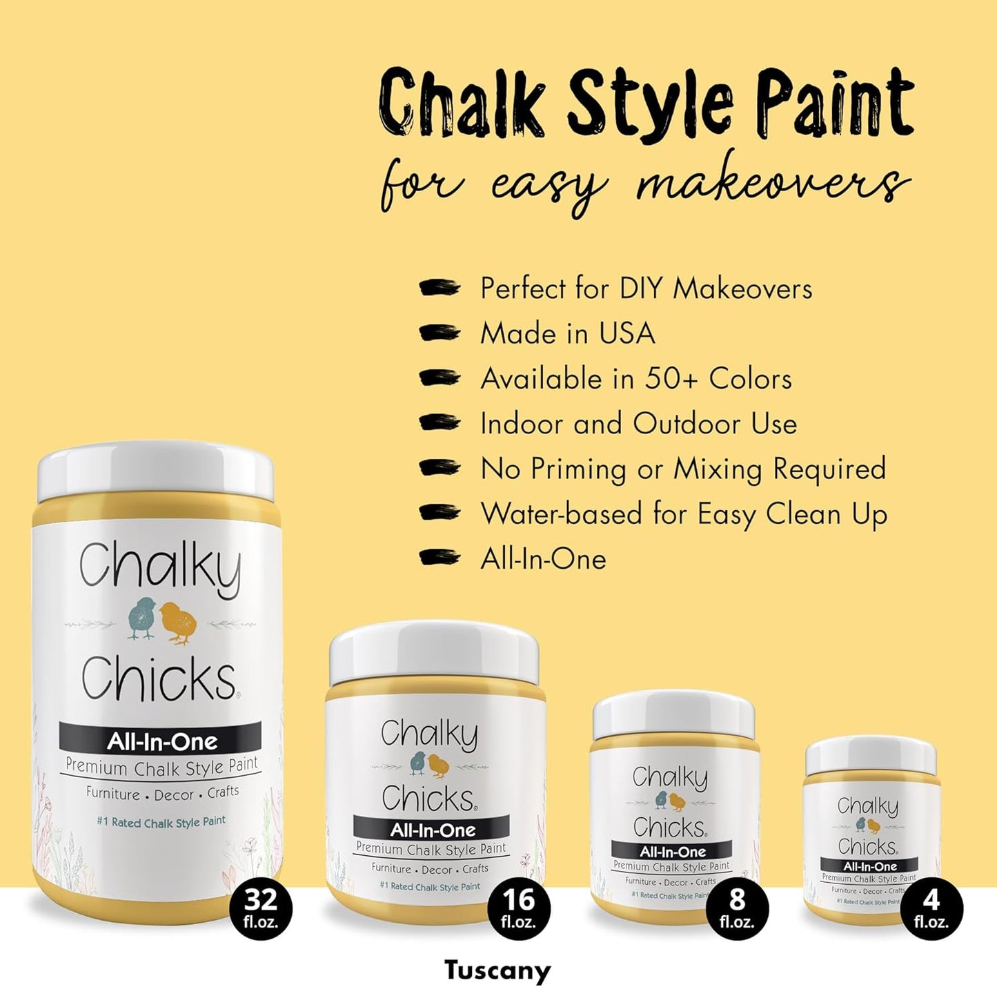 Chalky Chicks All-in-One Chalk Paint for Furniture or Cabinet - 8 Fl Oz - Matte Finish Tuscany (Yellow) for Metal, Wood Furniture Paint - No Sanding All-in-One for Home Decor & Crafts, USA Made