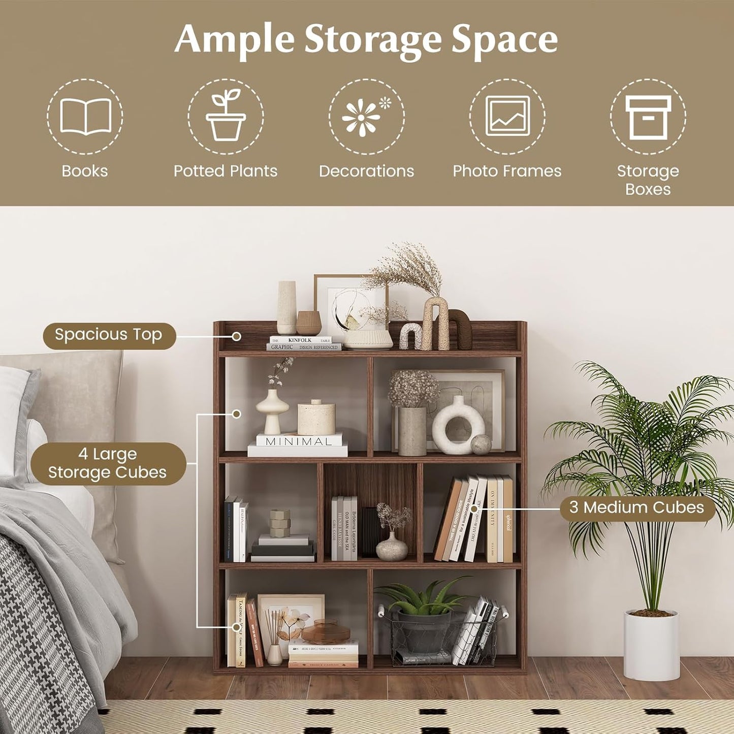 Giantex 7 Cube Bookshelf, Free-Standing Wooden Bookcase, 4 Tier Home Display Shelf, Horizontal Storage Unit w/Anti-Toppling Devices, Open-Back Display Rack for Study, Bedroom, Living Room, Walnut