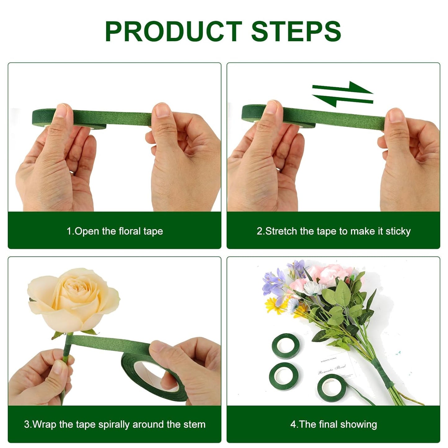 8 Rolls Floral Tape 1/2inch Flower Tape, Green Floral Tape for Fresh Flowers, 30 Yards Florist Tape for Bouquet Stem Wrapping and Floral Crafts, Wedding Bouquet