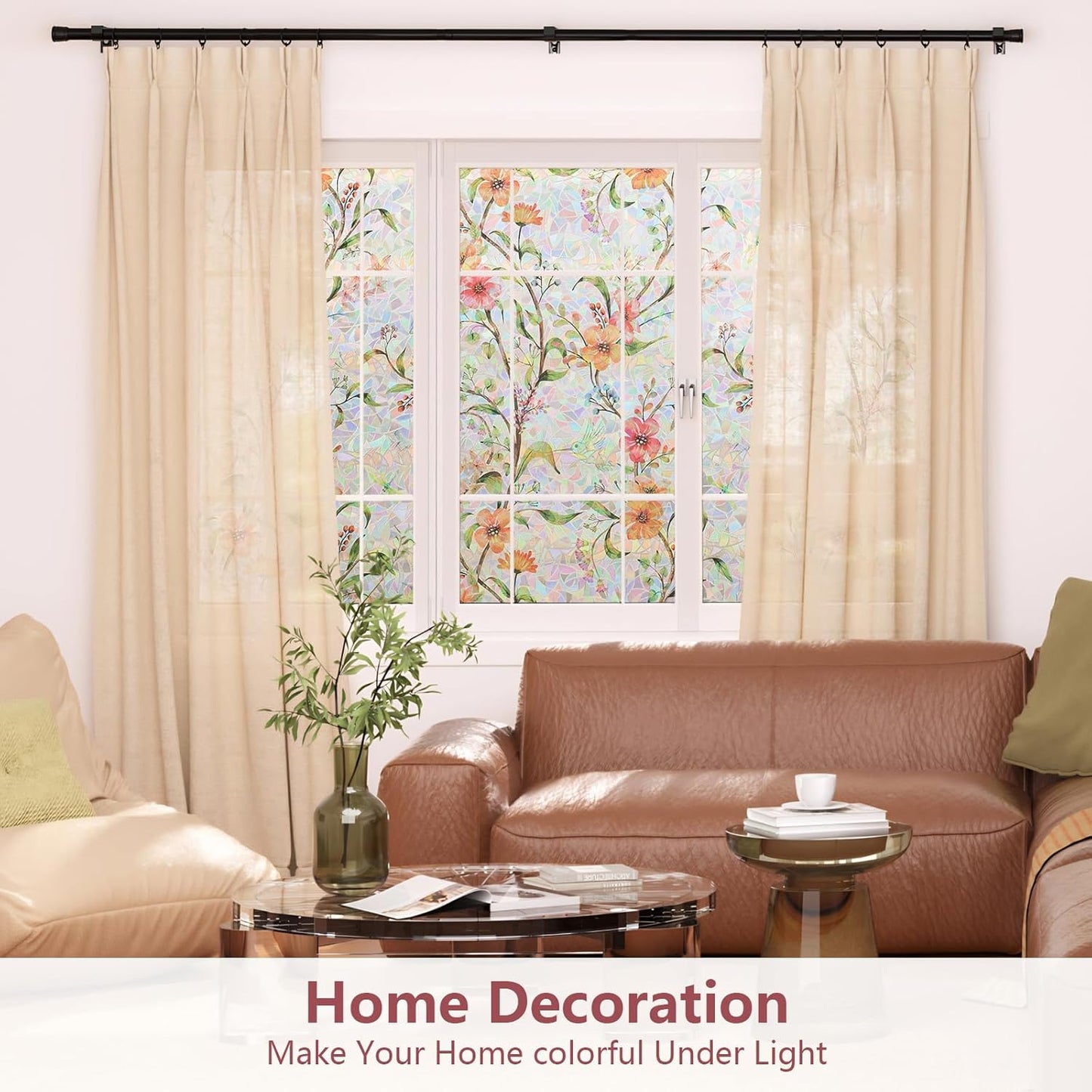 NINETREX Window Privacy Film,Stained Glass Window Film,Rainbow Decorative Stickers Static Cling Anti UV Heat Control for Home Decor (Galsang Flower,23.6 x 78.7inch)