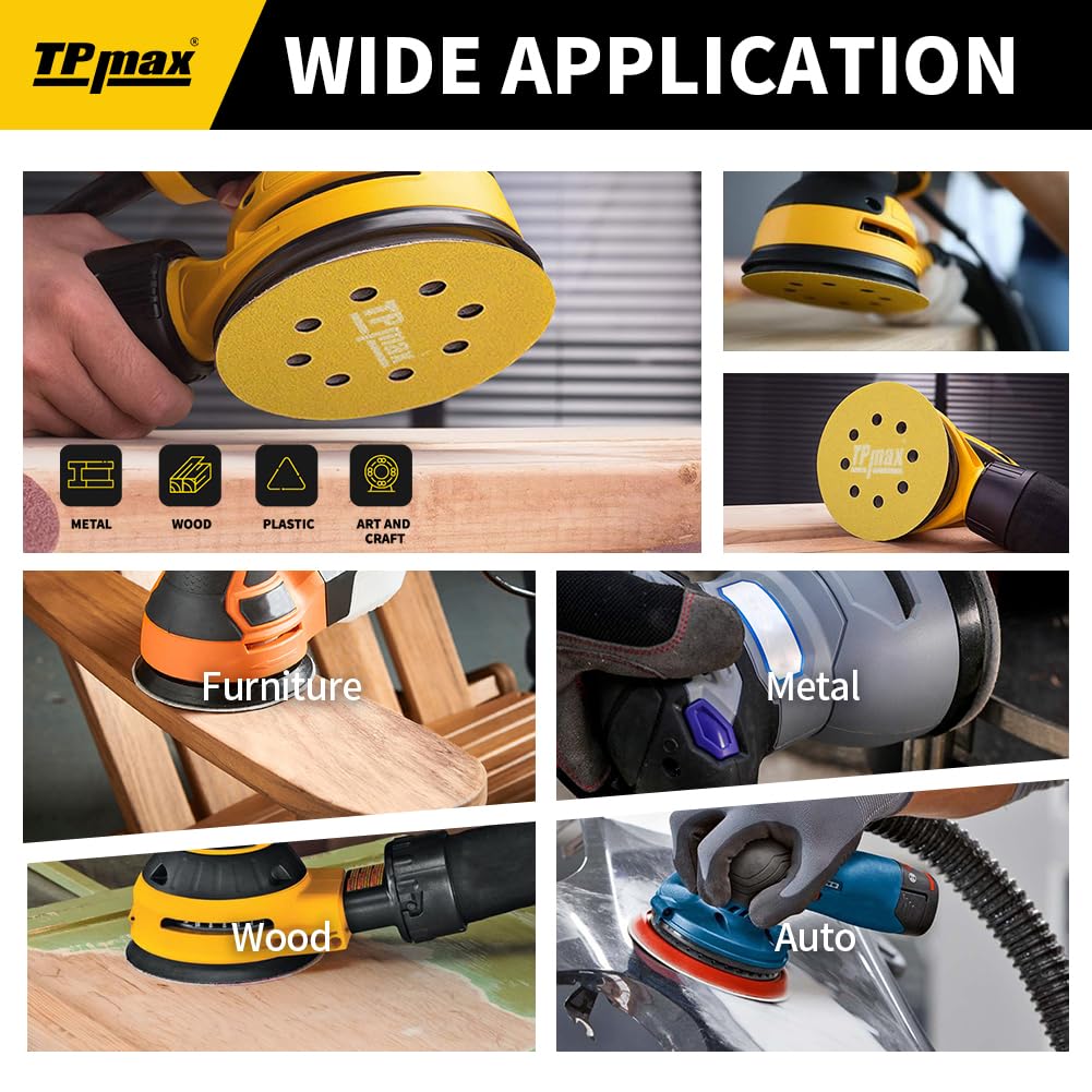 100PCS 5 Inch 80 Grit 125mm 8 Hole Sanding Discs Sandpaper - Premium Gold Round Hook and Loop for Random Orbital Sander - Ideal for Wood, Metal, Automotive