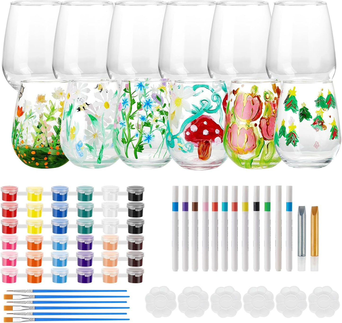 WJXCYGG 6 Sets Paint Your Own Wine Glass Set 6 Wine Glass 36 Glass Painting Acrylic Paint Strips 2 Glass Liner Pen 12 Markers with 12 Brushes and 6 Palette for Adults Lady Night Couple (Stemless)