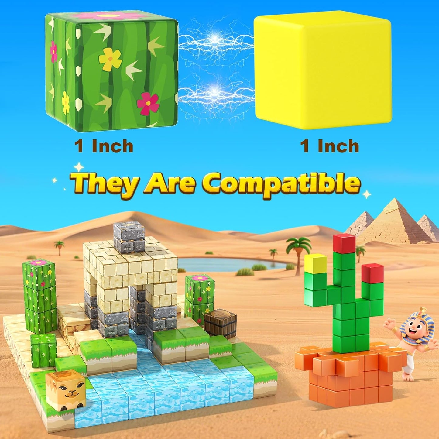 Large Magnetic Blocks Kids Toys, Sensory Learning Toys, Mine Magworld Building Craft, Desert Construction Set, 1“ Magnetic Building Cubes, Game Gift for 3+ Year Old Boys Girls