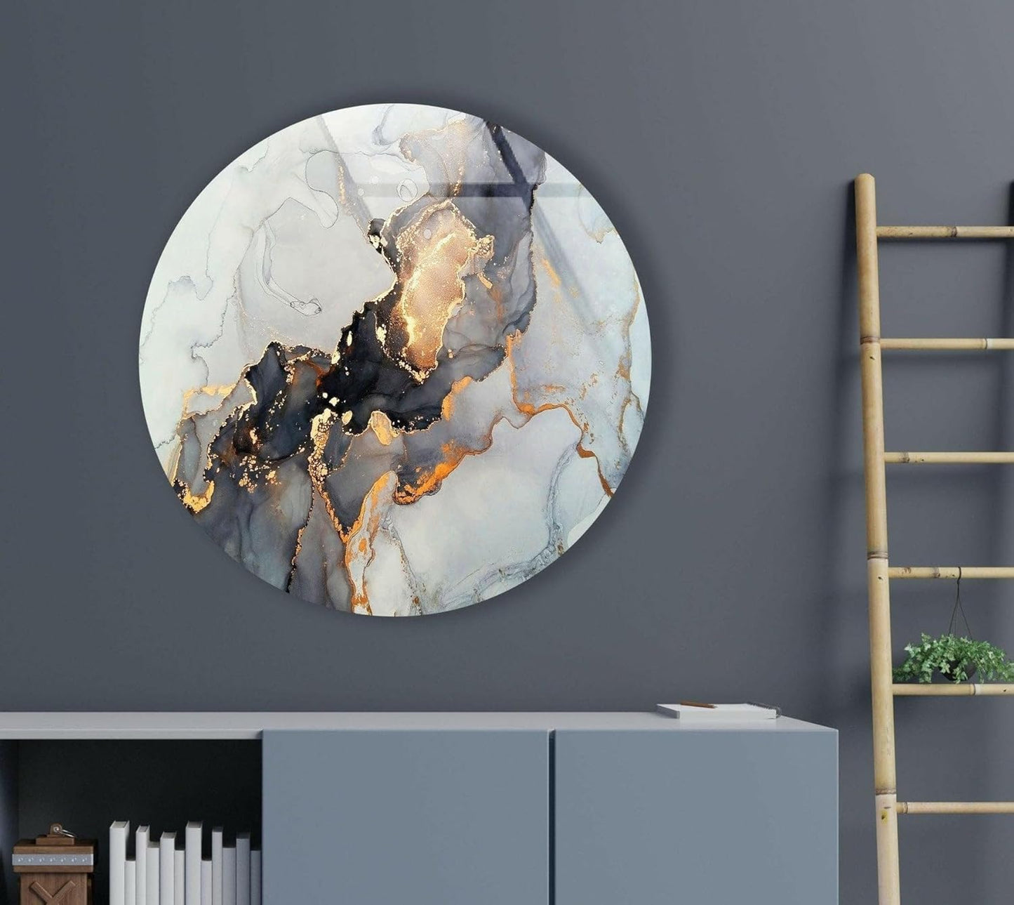 My Photostation.com 27.5''(70cm) Diameter Gold Details Gray Marble Round Glass Wall Art Tempered Glass Printing Wall Decor Large Wall Art Wall Hangings
