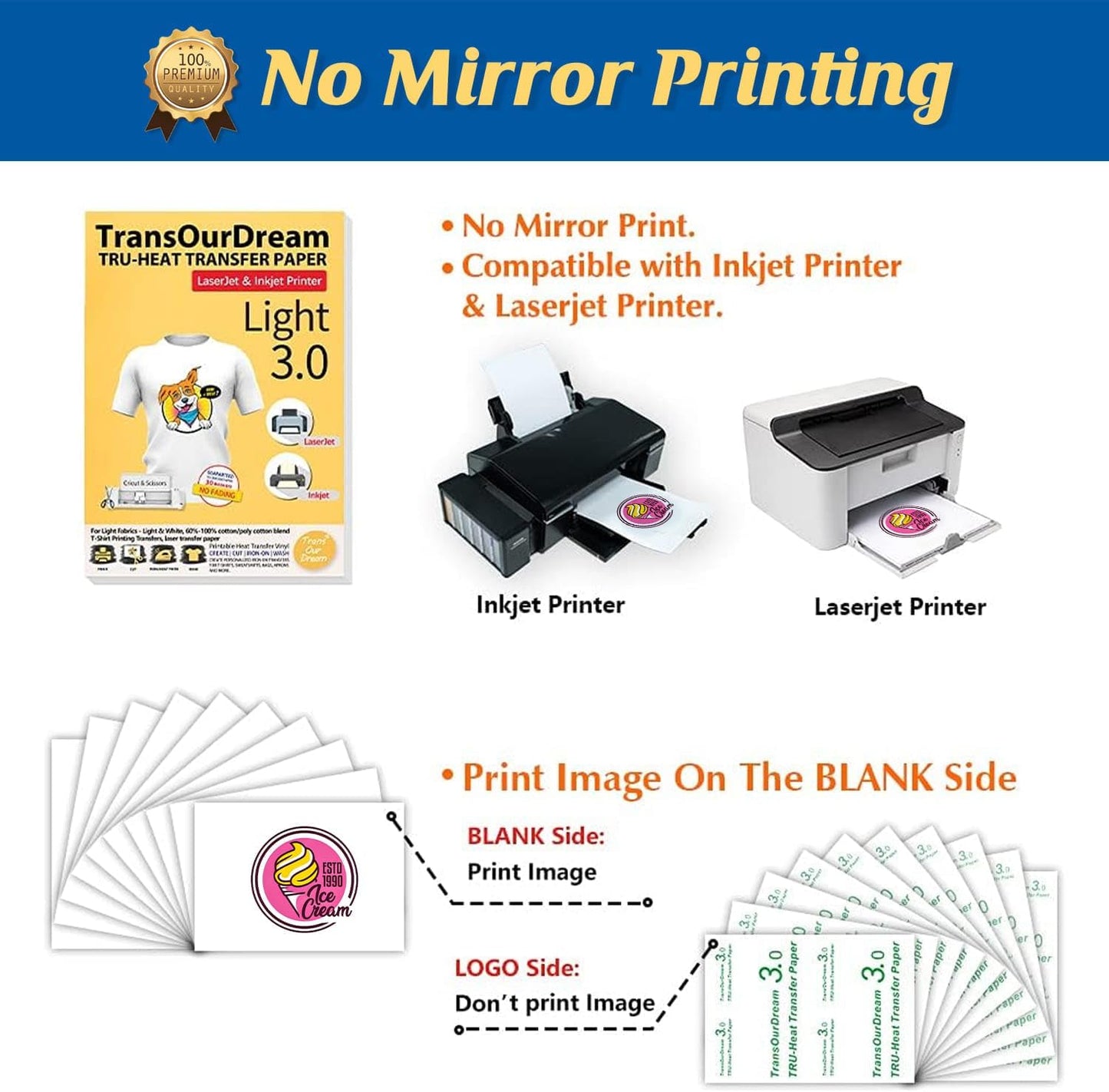 TransOurDream Tru-Heat Transfer Paper for Inkjet & Laserjet Printer (500 Sheets 8.5x11, 3.0) Printable HTV Heat Transfer Vinyl for T Shirts Iron on Transfers for Light Fabrics
