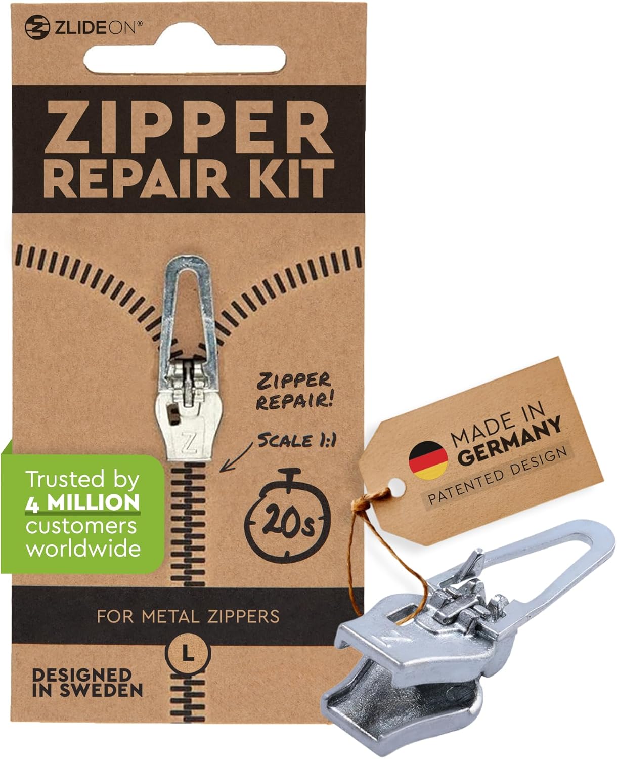 ZlideOn Zipper Pull Replacement - 1pcs, Silver, Normal (L) - Instant Zipper Replacement Slider for Metal Zippers