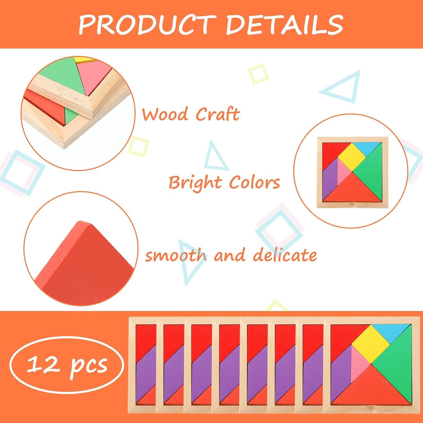 Meooeck 12 Pack Tangrams Wooden Puzzles Tangrams Classroom Set for Kids Shape Puzzles Brain Logic Blocks for Games Educational Gifts for Adults Kids Ages 4-8 8-12(Notch Style)
