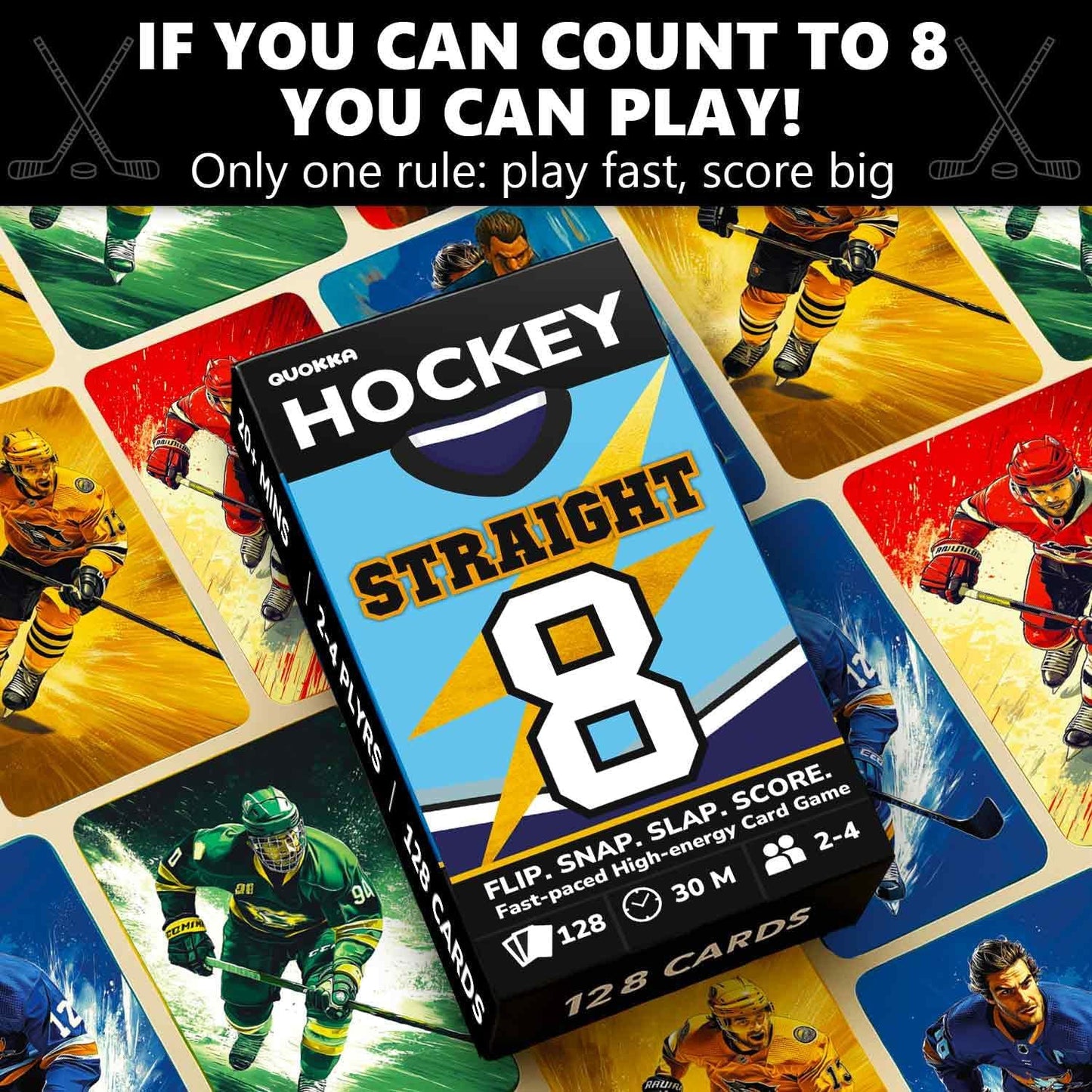 QUOKKA American Hockey Fast-Paced Card Game for Kids & Adults – 128 Cards & Easy Rules – Quick & Fun Matching Game – 2-4 Players – Ages 8+ – Perfect for Family Games Night, Travel and Parties
