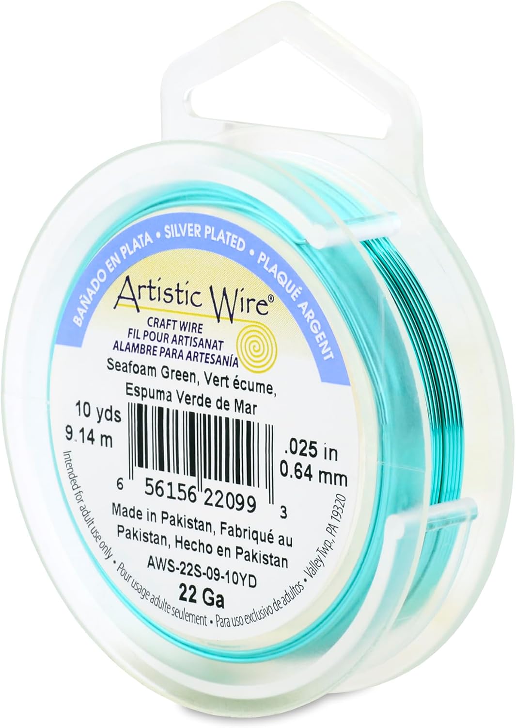 Artistic Wire, 22 Gauge Silver Plated Tarnish Resistant Colored Copper Craft Wire, Seafoam Green, 10 yd