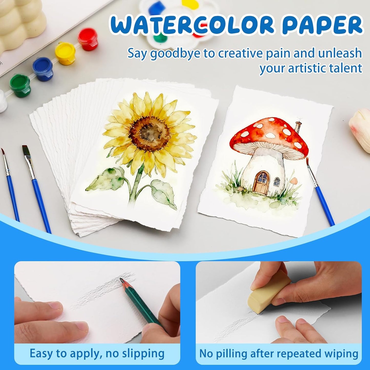 Lunarm Watercolor Paper 50 Sheets, Deckled Edge Paper 300 GSM 4 x 6 inch, Handmade Textured Cotton Paper for Wedding Invitation, Oil Pastel, Watercolor Painting and Cards, Crafts