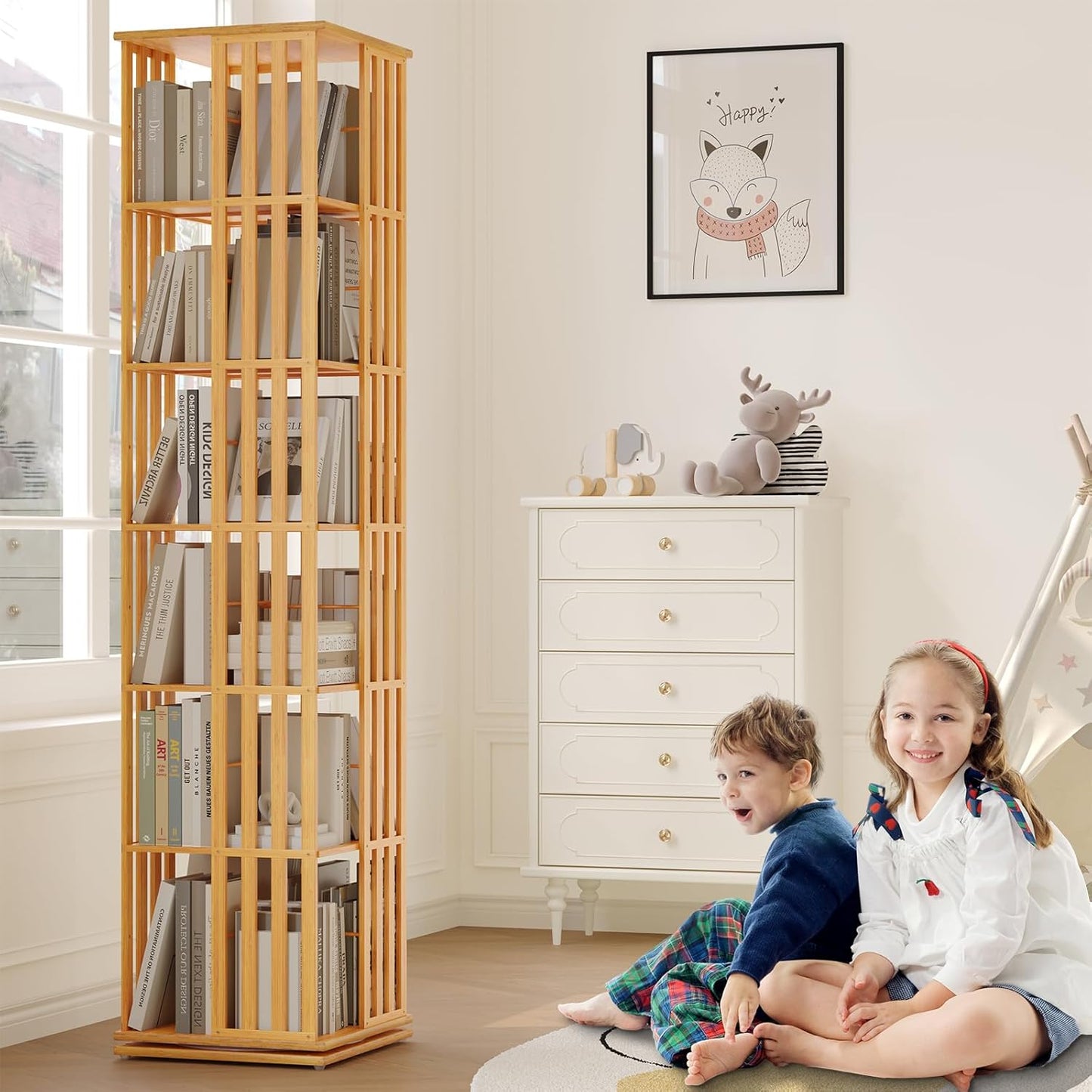 YOWOS Rotating Bookshelf Tower, 360 Display Spinning Bookcase, Bamboo Bookshelf Floor Standing Storage Rack, Wood Narrow Book Shelf Organizer for Kids&Adults(Nature, 6 Tier)