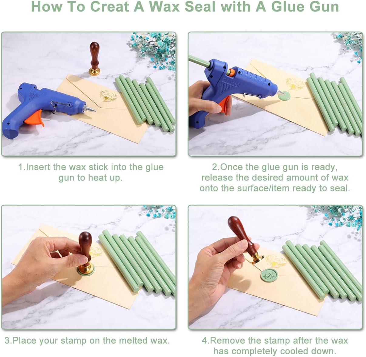 Yoption 15 Pieces Sage Green Glue Gun Sealing Wax Sticks for Wax Seal Stamp, Great for Wedding Invitations, Envelopes, Cards, Christmas Gift Ideas, Wine Packages