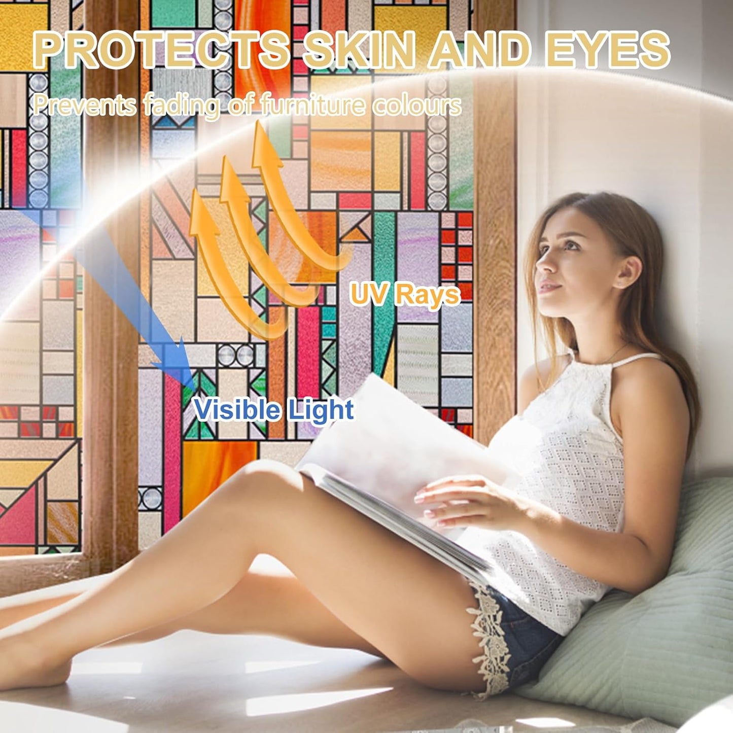 3D Stained Glass Window Privacy Film, Heat Control UV Blocking Static Cling Decorative Window Film for Bathroom,Front Door,Home Non Adhesive,16.9 x 78.7 inches Autumn Reverie