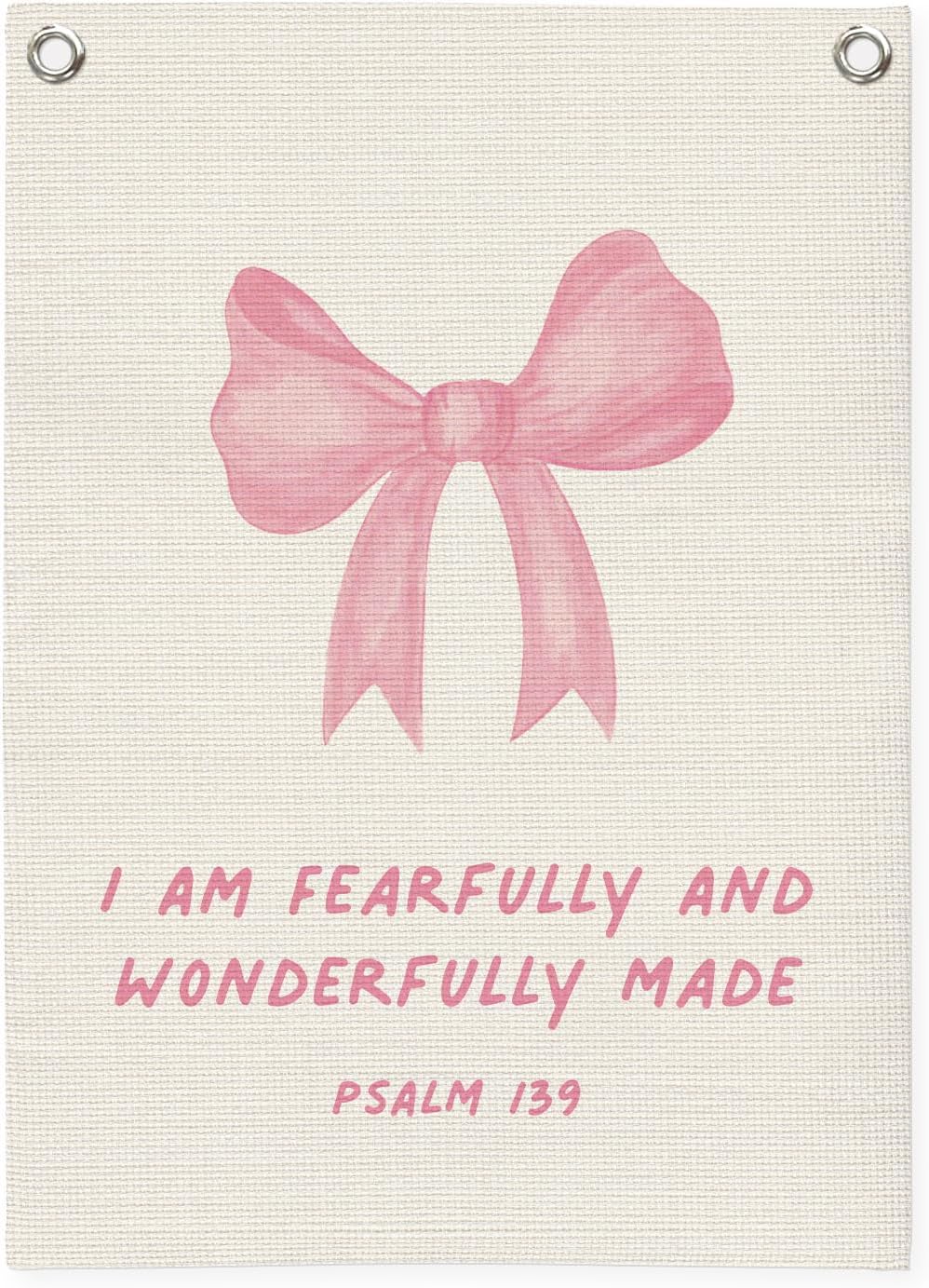 Bible Verses Wall Decor,Pink Coquette Bow Linen Canvas Banner,Christian Wall Art I Am Fearfully And Wonderfully Made Wall Hanging Flag for Kids Girl Bedroom Living Room Dorm 18x25 Inch