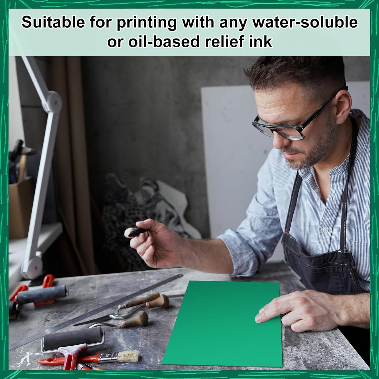 Yeaqee 8 Pcs 8 x 10 Inch Linoleum Block Rubber Carving Block Soft Linocut Blocks Large Linoleum Sheet Unmounted Lino Plates for Engraving Art Project Printmaking Artist Studio Supplies, Green