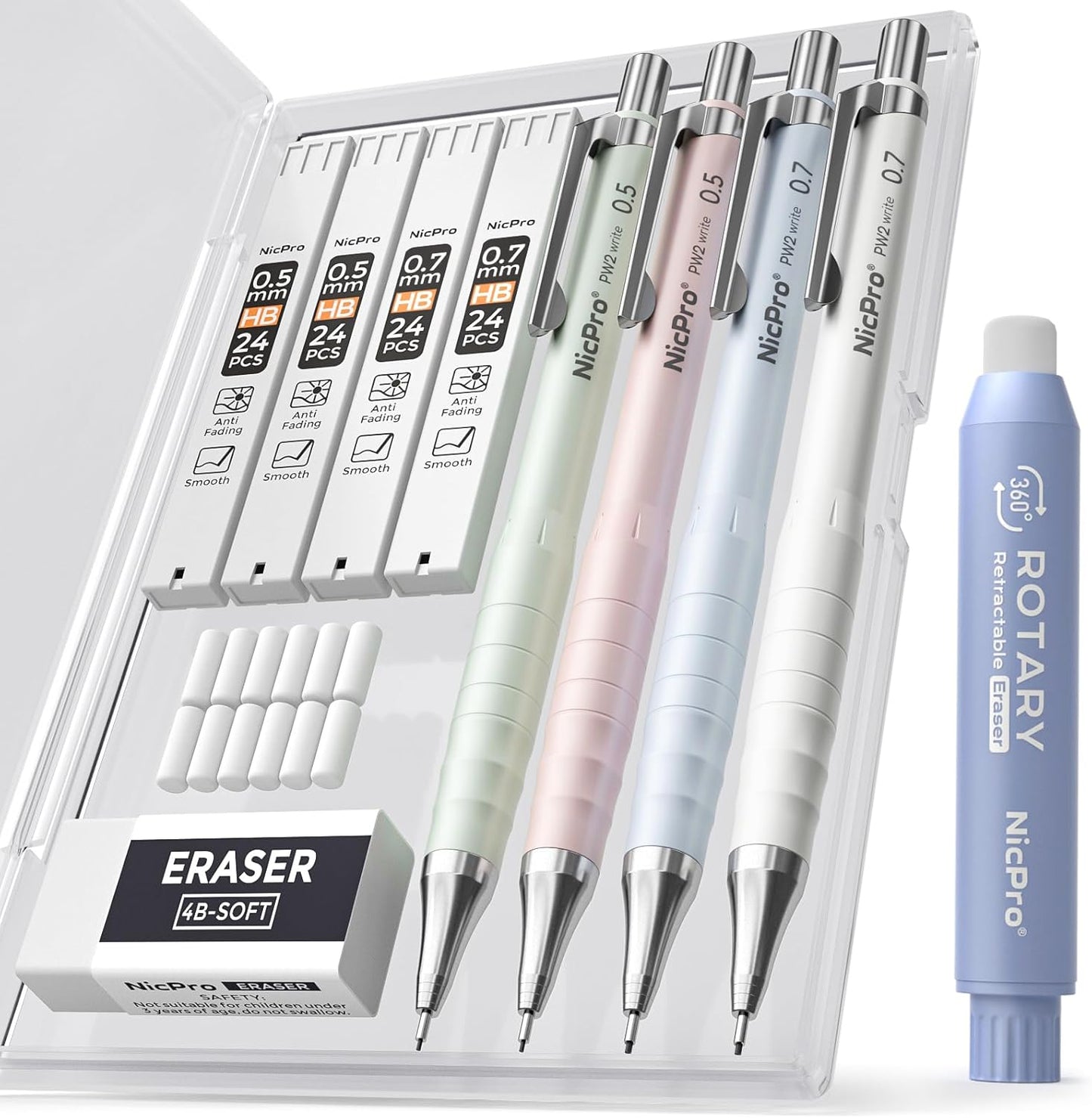 Nicpro Cute Mechanical Pencil Set, 4PCS 0.5 & 0.7 mm Pastel Drafting Pencils with 4 Tube HB Lead Refills, 4B Erasers, Rotary Retractable Eraser, Eraser Refill for Writing Sketching School Supplies