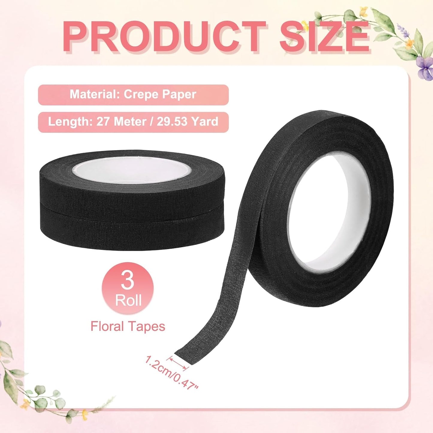 MECCANIXITY 3 Rolls Floral Tapes, 30 Yard x 1/16 in Florist Crepe Flowers Bouquets Tape Adhesive Waterproof for Flower Arranging Wrapping, Black