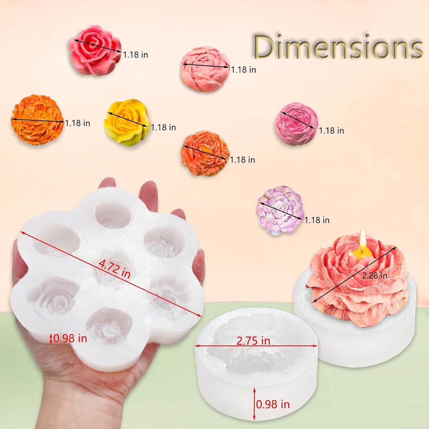 3 PCS Rose Flower Silicone Molds,Flower Candle Molds for Candle Making,Rose Peony Fondant Mold for Jelly Chocolate Cake Decorating, Epoxy Resin Wax Soap Clay Plaster Home Décor Handmade