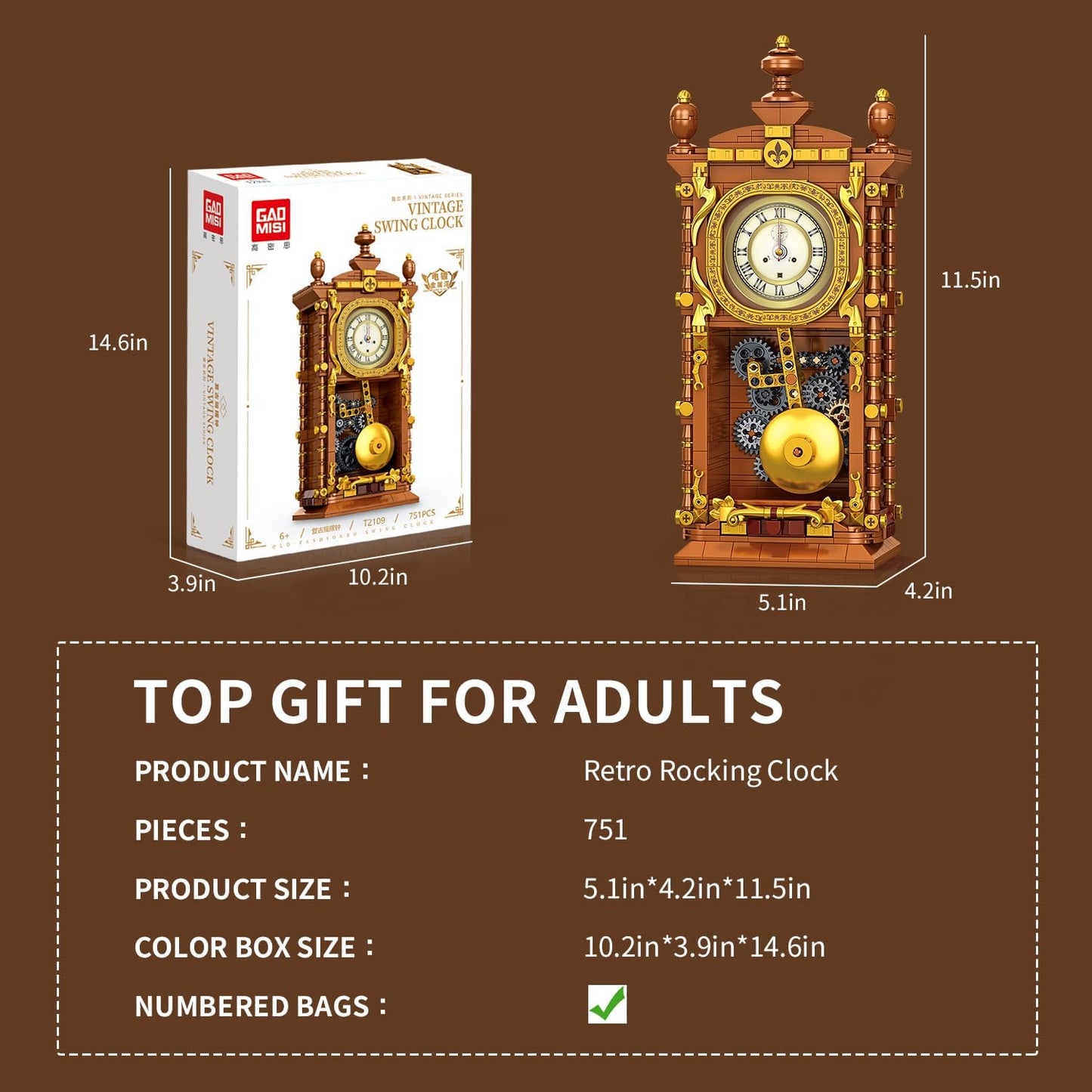 Vintage Swing Clock Building Blocks Set – 751 PCS Real Working Mechanical Clock with Alarm, Moving Pendulum & Rotating Dial, Retro Steampunk Decor Gift for Adults & Teens, Compatible with Lego Sets