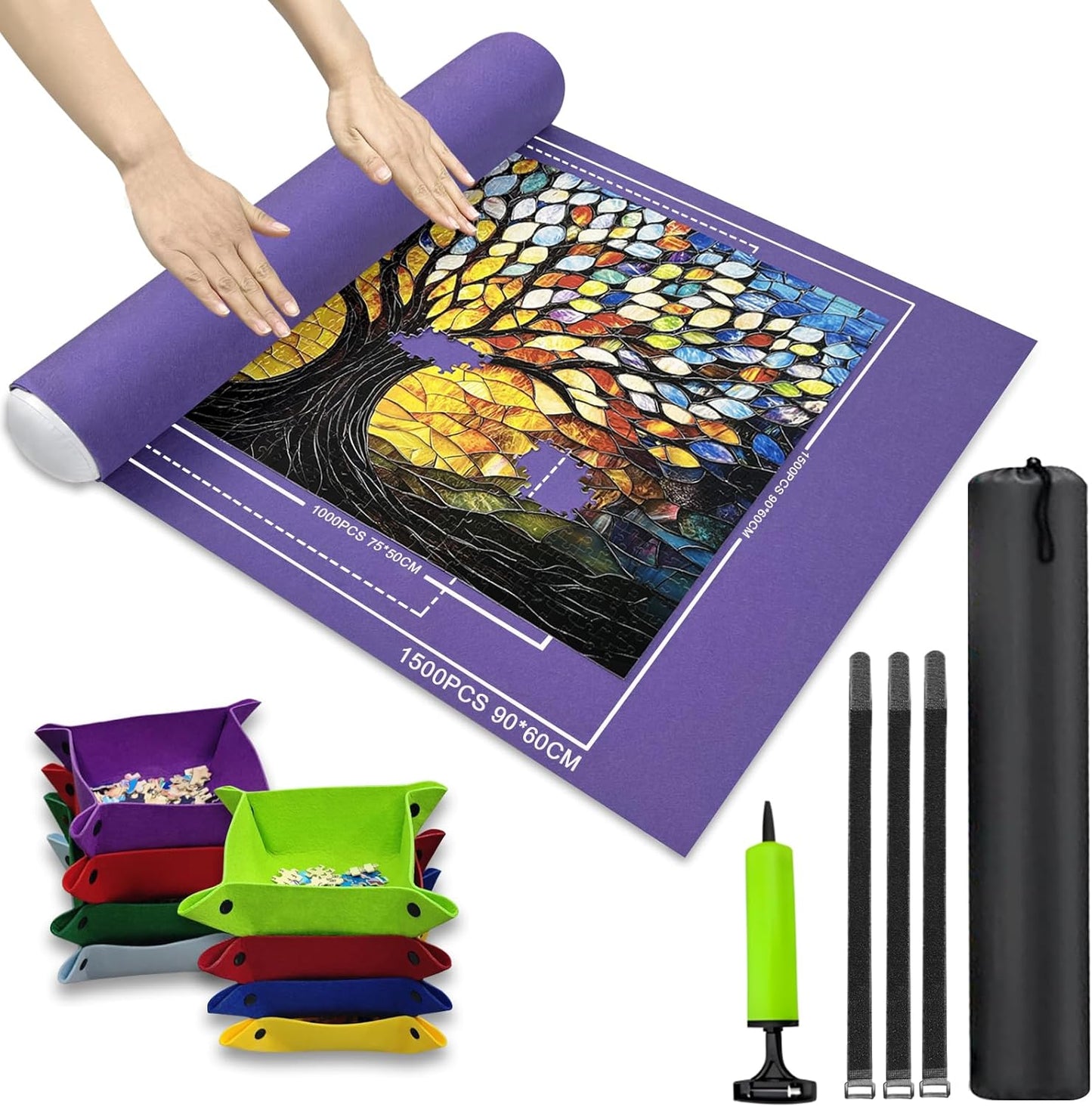 Napzy Puzzle Mat Rollup Puzzle Mats for Jigsaw Puzzles Storage Matt Roll Up Board Saver with 8 Sorting Trays 1 Drawstring Bag Jigsaws Table for Up to 1500PCS