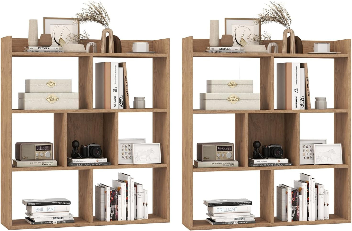 Giantex 7 Cubes Bookshelf, Free-Standing Wooden Bookcase, 4 Tier Home Display Shelf, Horizontal Storage Unit w/Anti-Toppling Devices, Open-Back Display Rack for Study, Living Room (2, Natural)