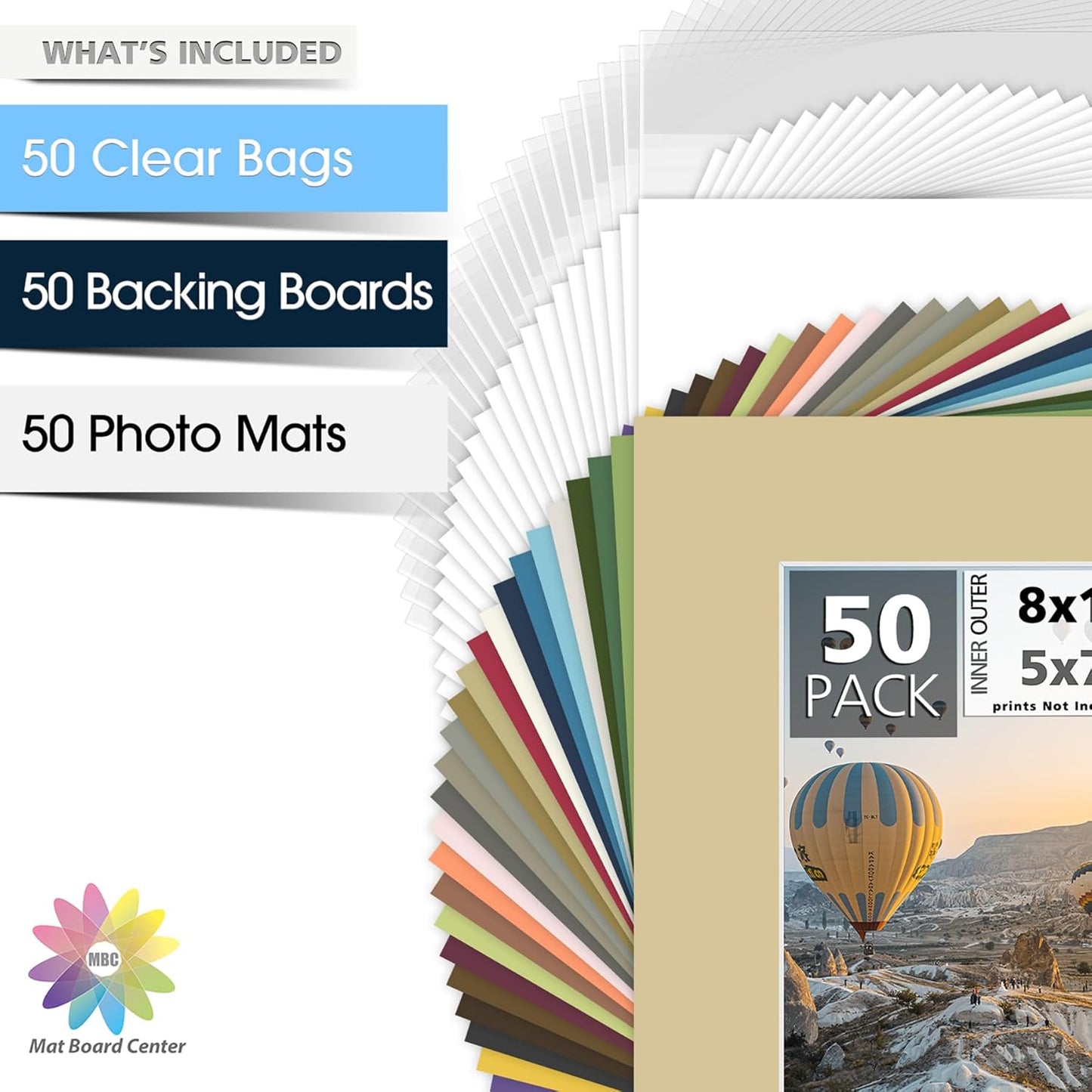 Mat Board Center, Pack of 50, 8x10 for 5x7 Mix Color Picture Mat Sets - Acid Free, 4-ply Thickness, Bevel Pre-Cut White Core - Includes Backing Boards and Clear Bags - for Pictures, Photos, Framing