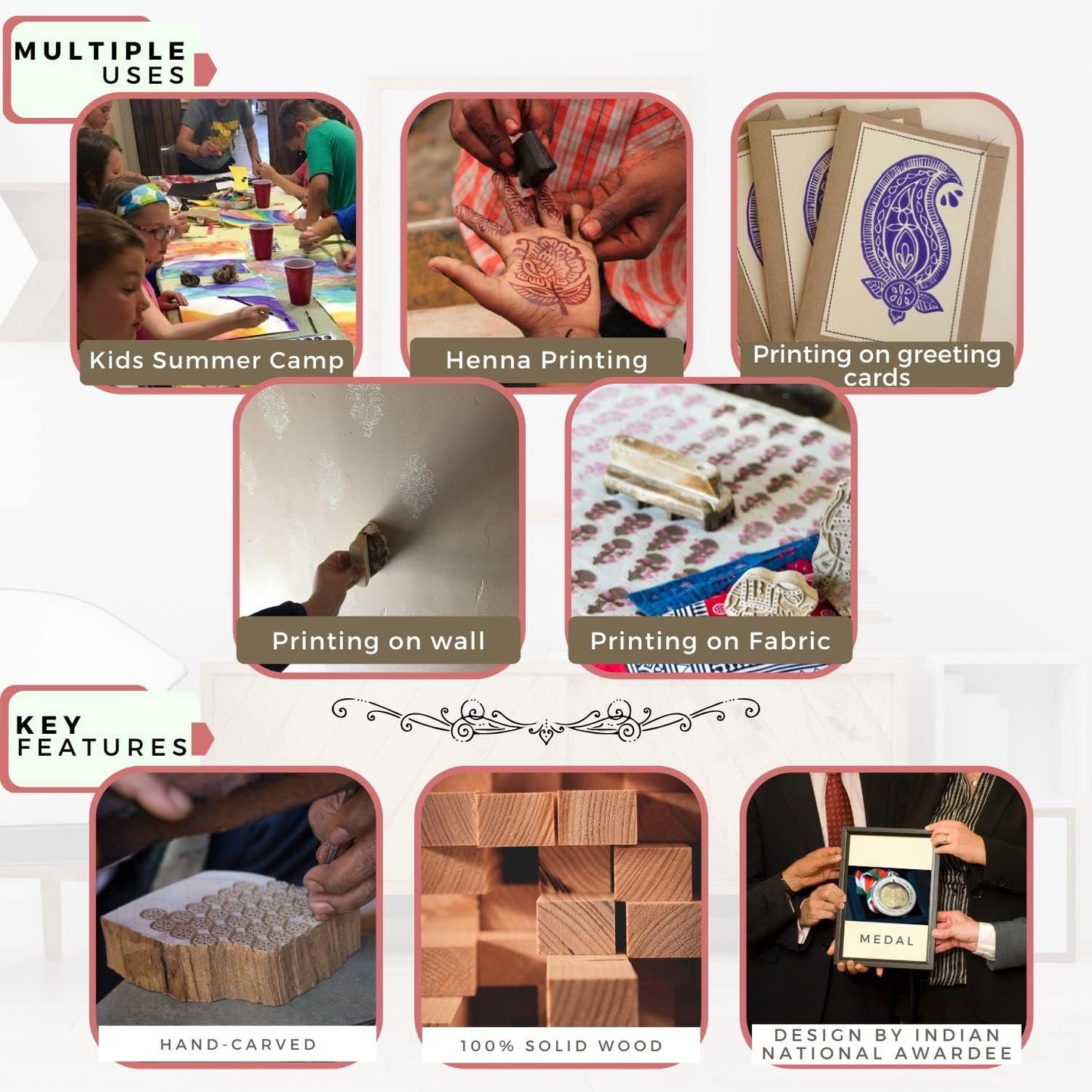 HASHCART® Pottery Printing Blocks Stylish Border Pattern Wooden Stamps (Set of 5) Handcarved Indian Textile Printing Blocks, Wooden Clay Stamps for Crafting on Fabric, Card