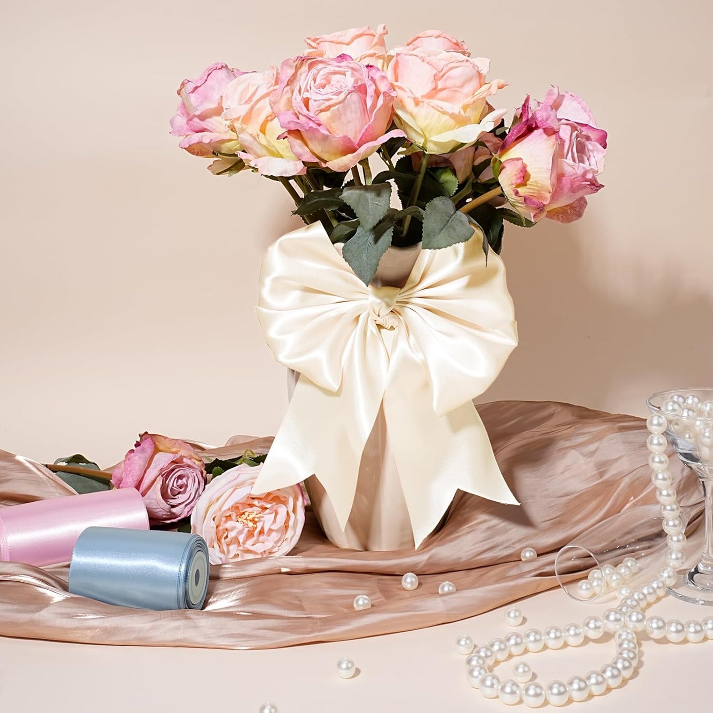 LaRibbons Nude Satin Ribbon 3 Inch 10 Yards Double Faced Luxury Nude Silk Ribbon for Gift Wrapping Flower Bouquets Bow Christmas Wedding Party Decoration