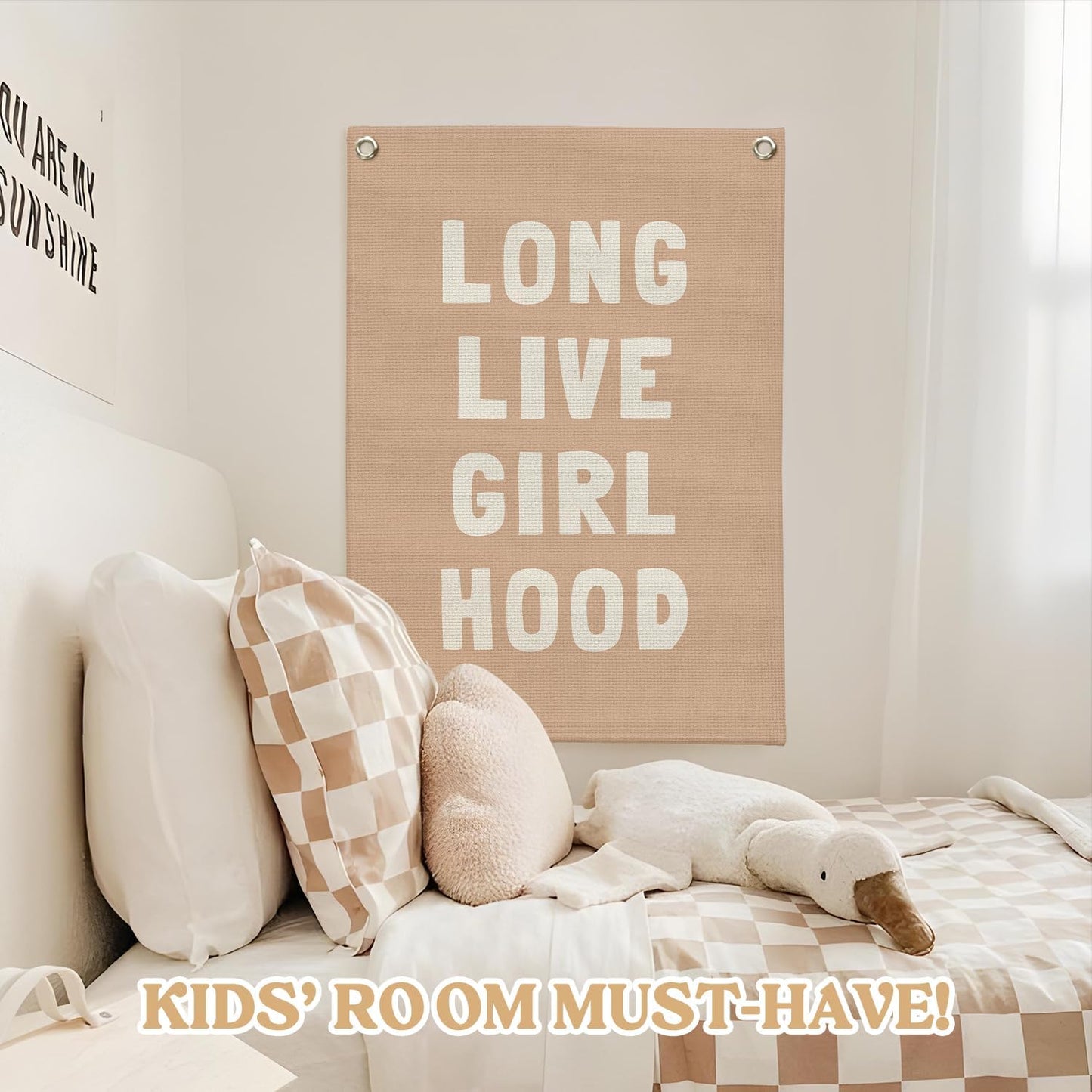 Long Live Girlhood Linen Canvas Banner, Girls Room Decor, Girls Nursery Decor, Nursery Playroom Wall Hanging Flag for Kids Bedroom Toddler Decorations Girl Room 18x25 Inch