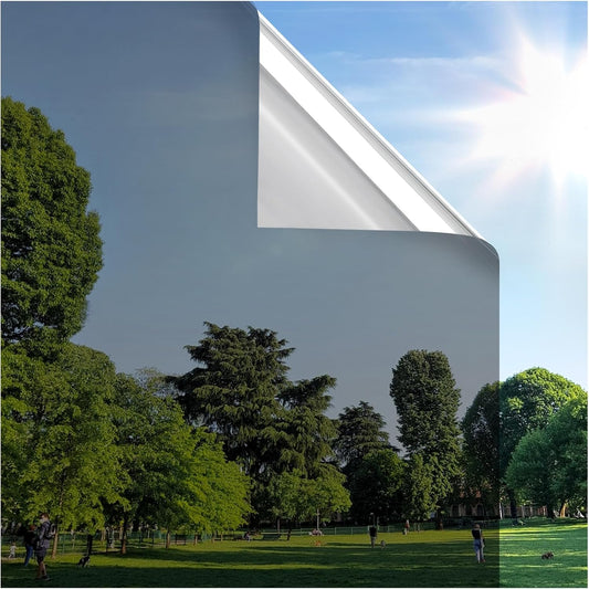 rabbitgoo Window Privacy Film One Way Window Tint for Home, Removable Reflective Heat Sun Blocking Anti UV Glass Door Covering, Mirror Tinting Film House Office, 23.6 in X 16.4 Feet, Black Silver