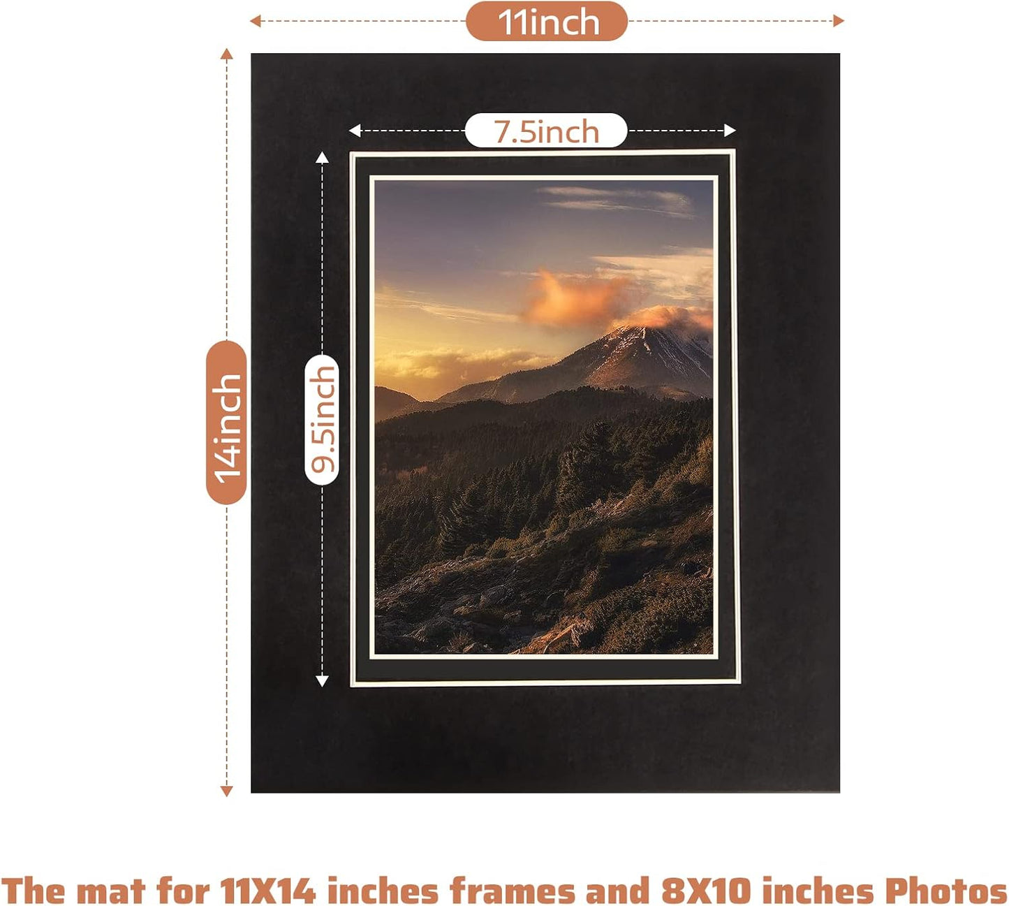 HOTUO 10 Pack Acid Free Black Picture Frame Mats, Pre-Cut 11x14 Picture Mats with Ivory Core Bevel Cut for 8x10 Photo, Signature Friendly 4 Ply Thickness Photo Mat for Frames (Black with V-Groove)